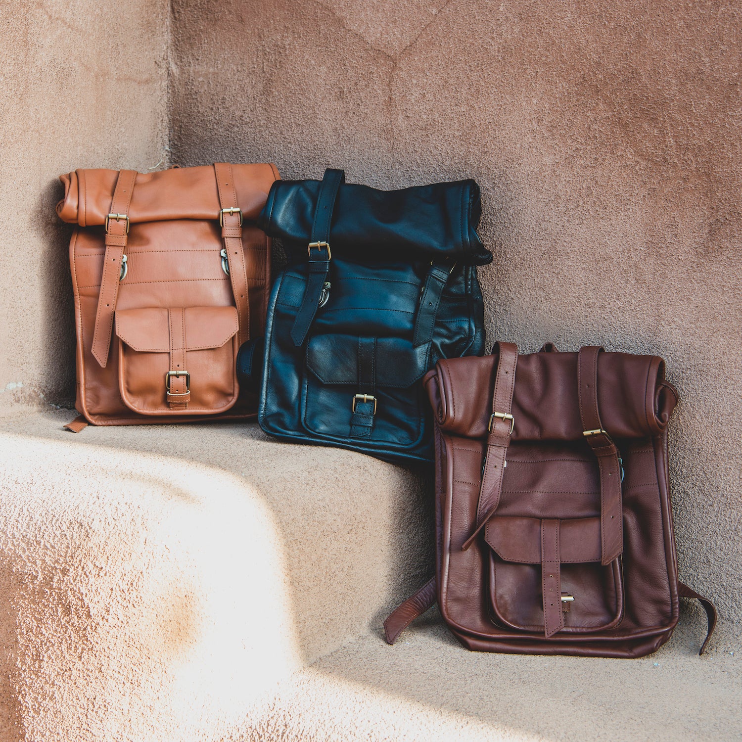 Three Colors Leather Rolltop Backpack