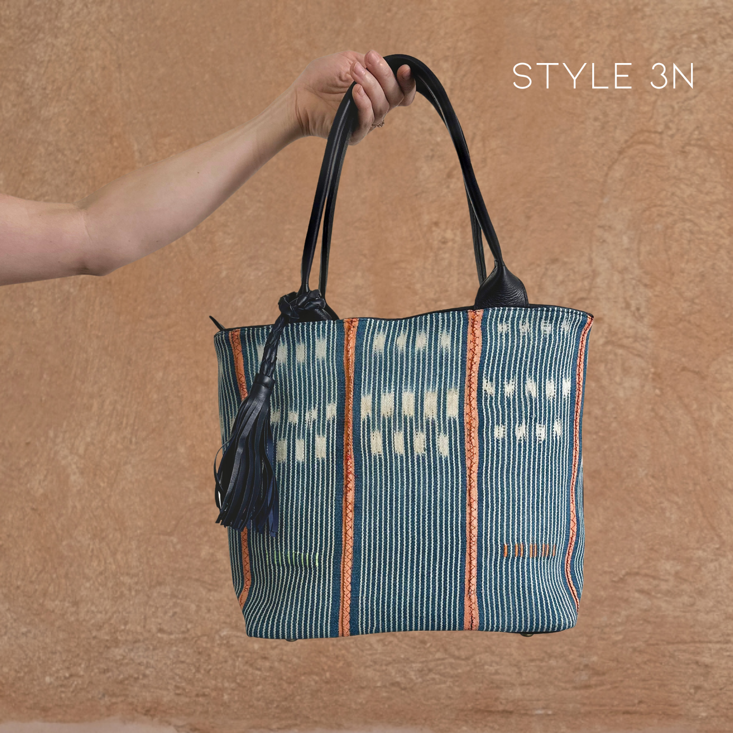 Navy Leather Tote with Patterned Front