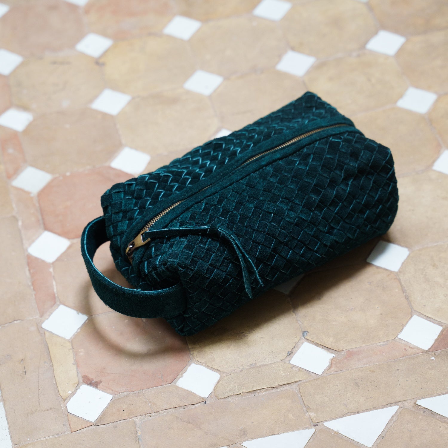 Teal Suede Woven Leather Makeup Bag