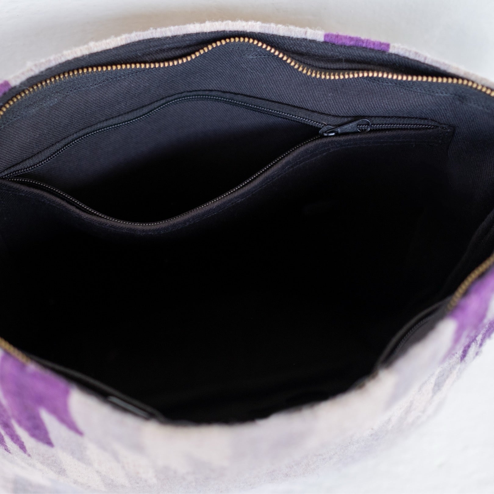 Interior view of wool and leather Amethyst Shoulder Bag by AMASOUK, Zapotec Handbag Handcrafted by Artisans
