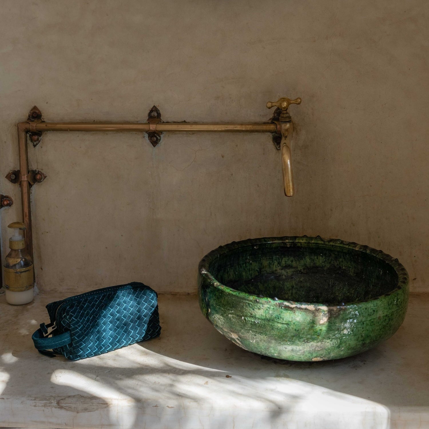 Teal Suede Woven Leather Makeup Bag