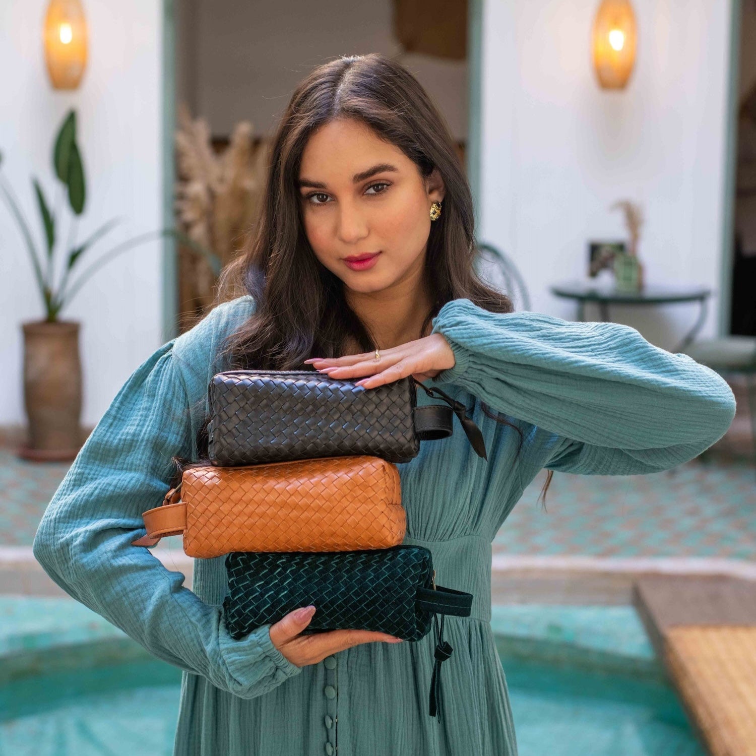 Teal Suede Woven Leather Makeup Bag