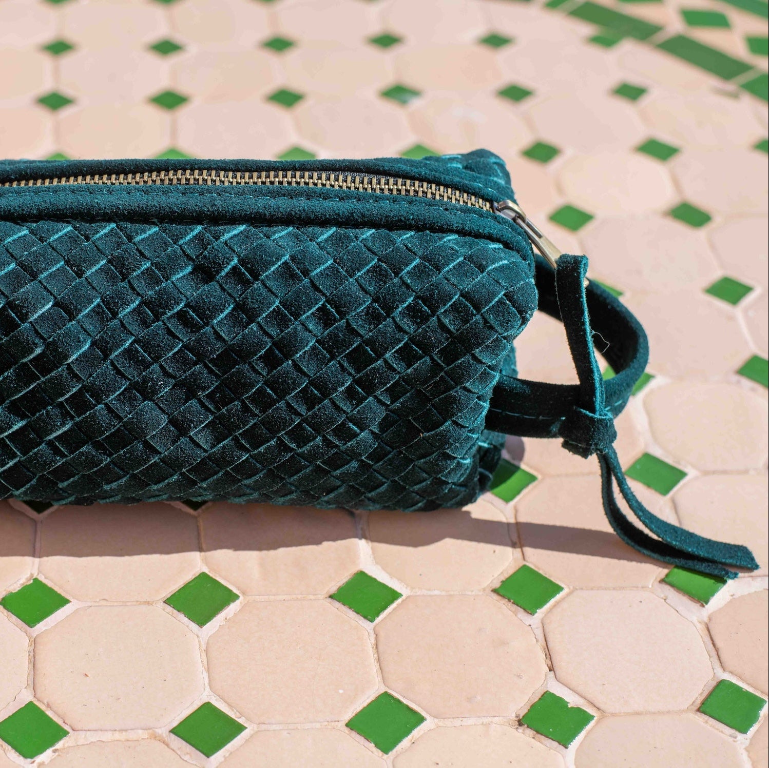 Teal Suede Woven Leather Makeup Bag