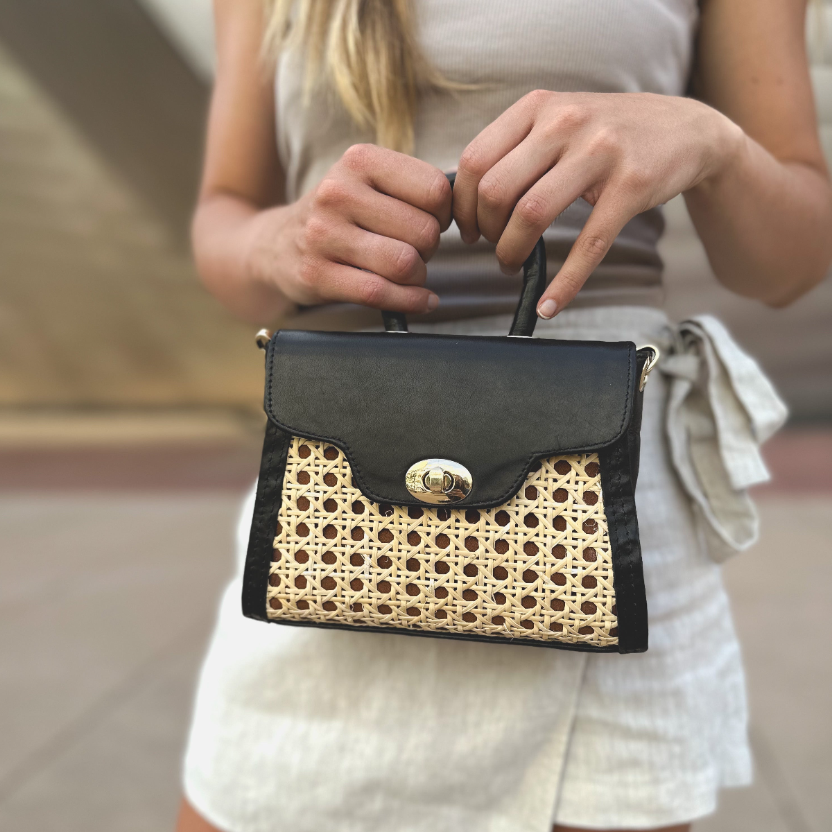 Raffia Handbag in Black Leather by AMASOUK