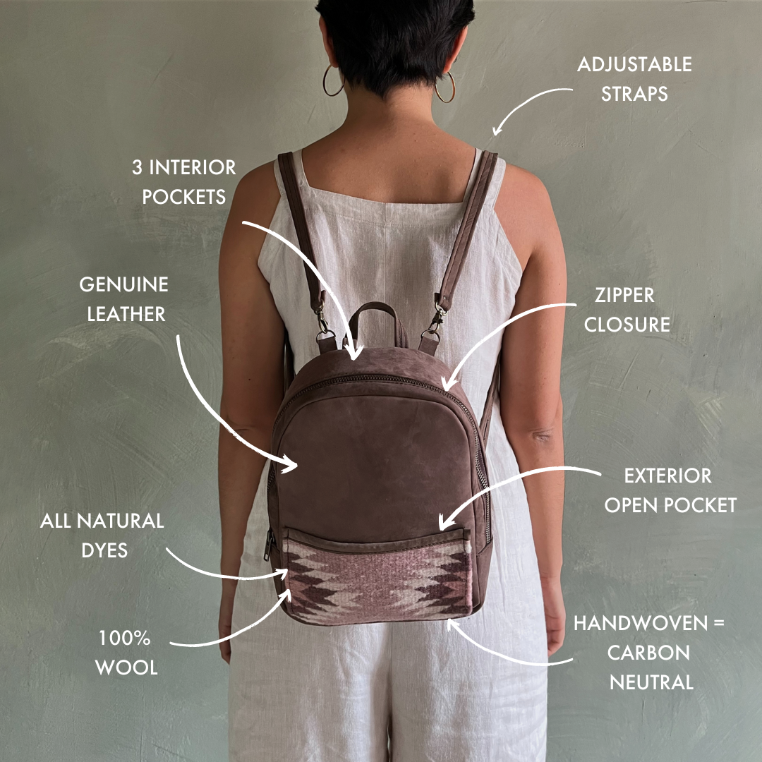 AMASOUK Aguila Mini Backpack with a unique combination of brown leather and sand and purple wool. A stylish and functional accessory for any occasion.