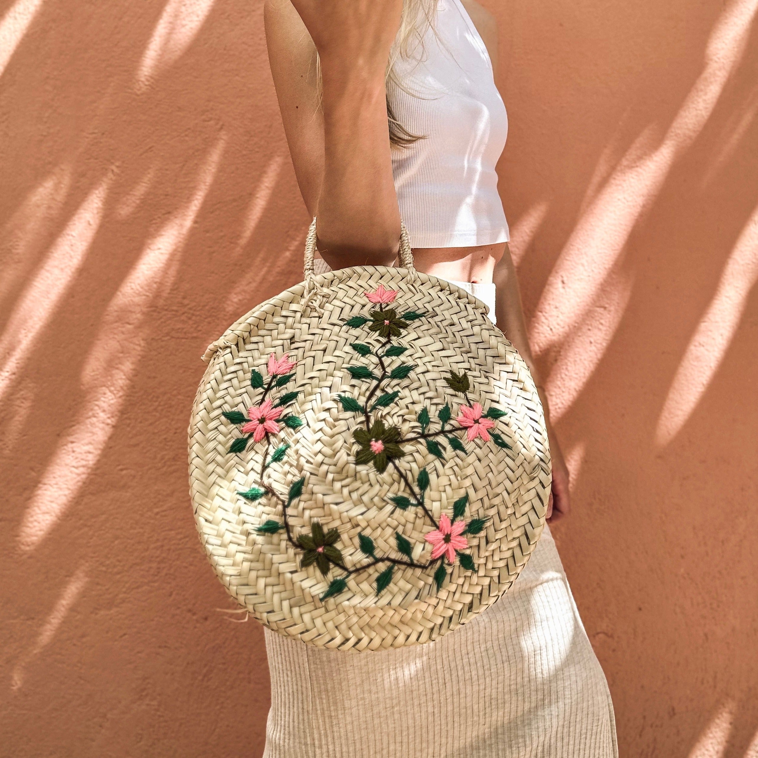 Raffia Handbag with Embroidered Flowers
