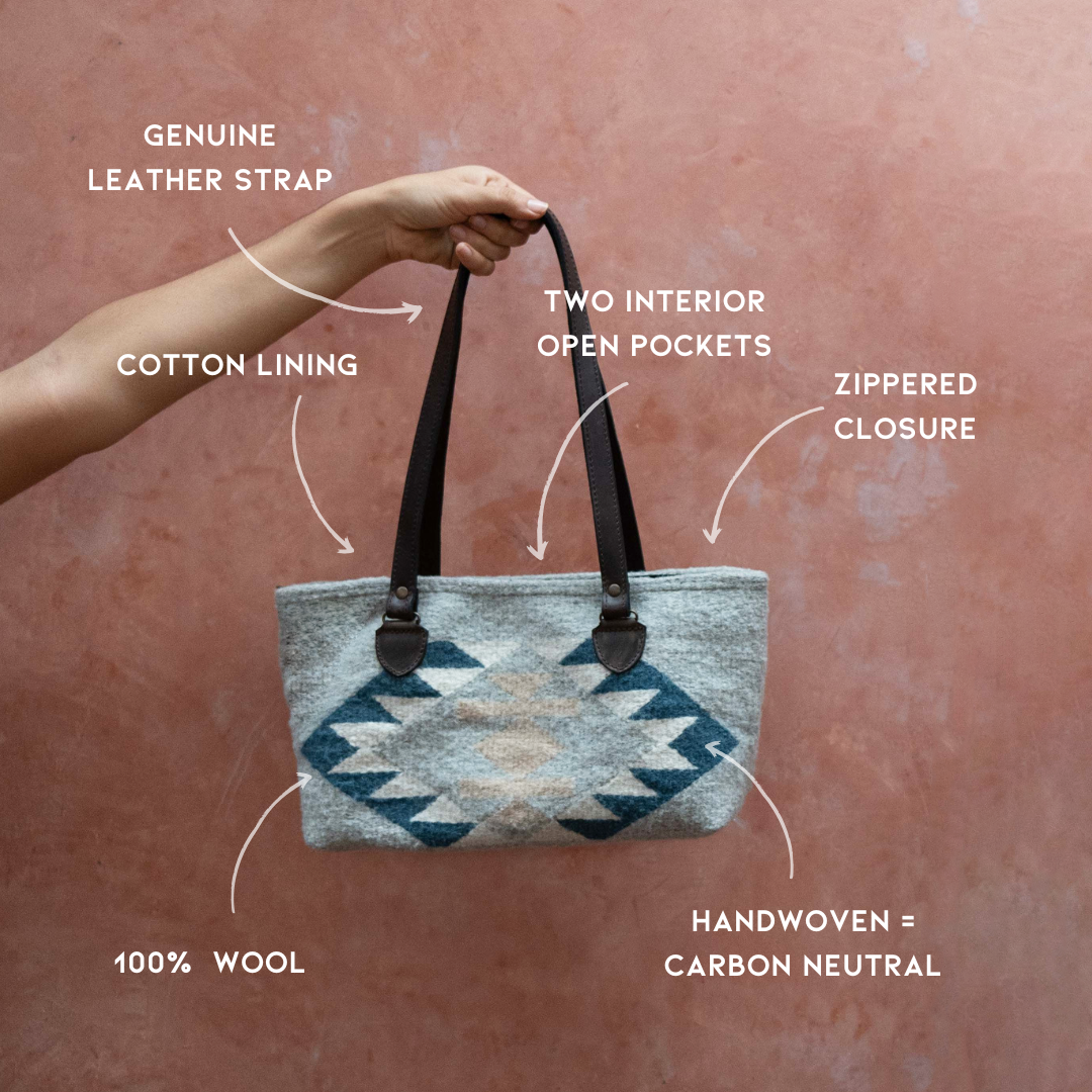 AMASOUK handwoven wool purse with Dainzu name, showcasing a Zapotec pattern in deep slate blue, warm cream, and golden honey tones. A chic artisan accessory.