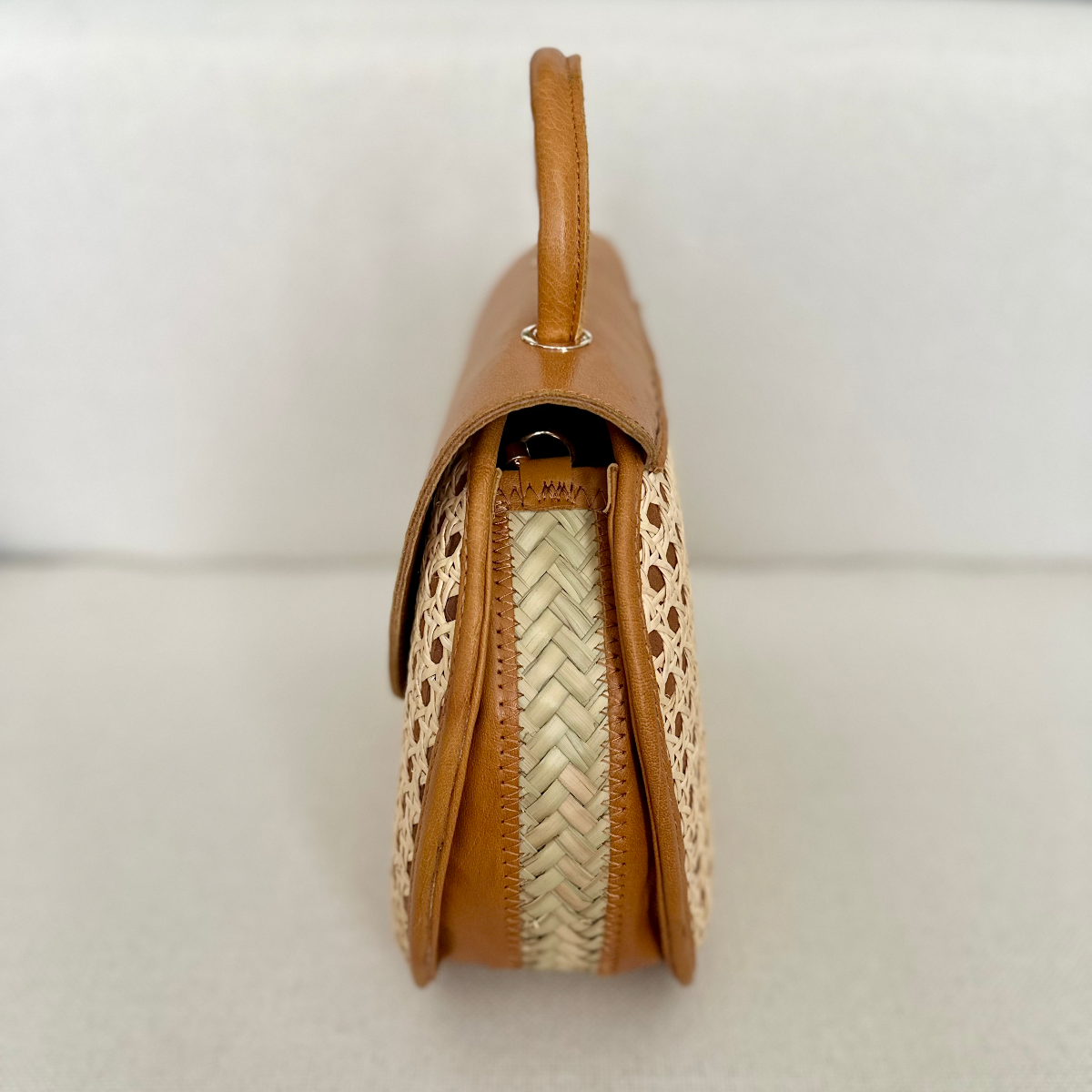 Rattan and Raffia Handbag Side View by AMASOUK