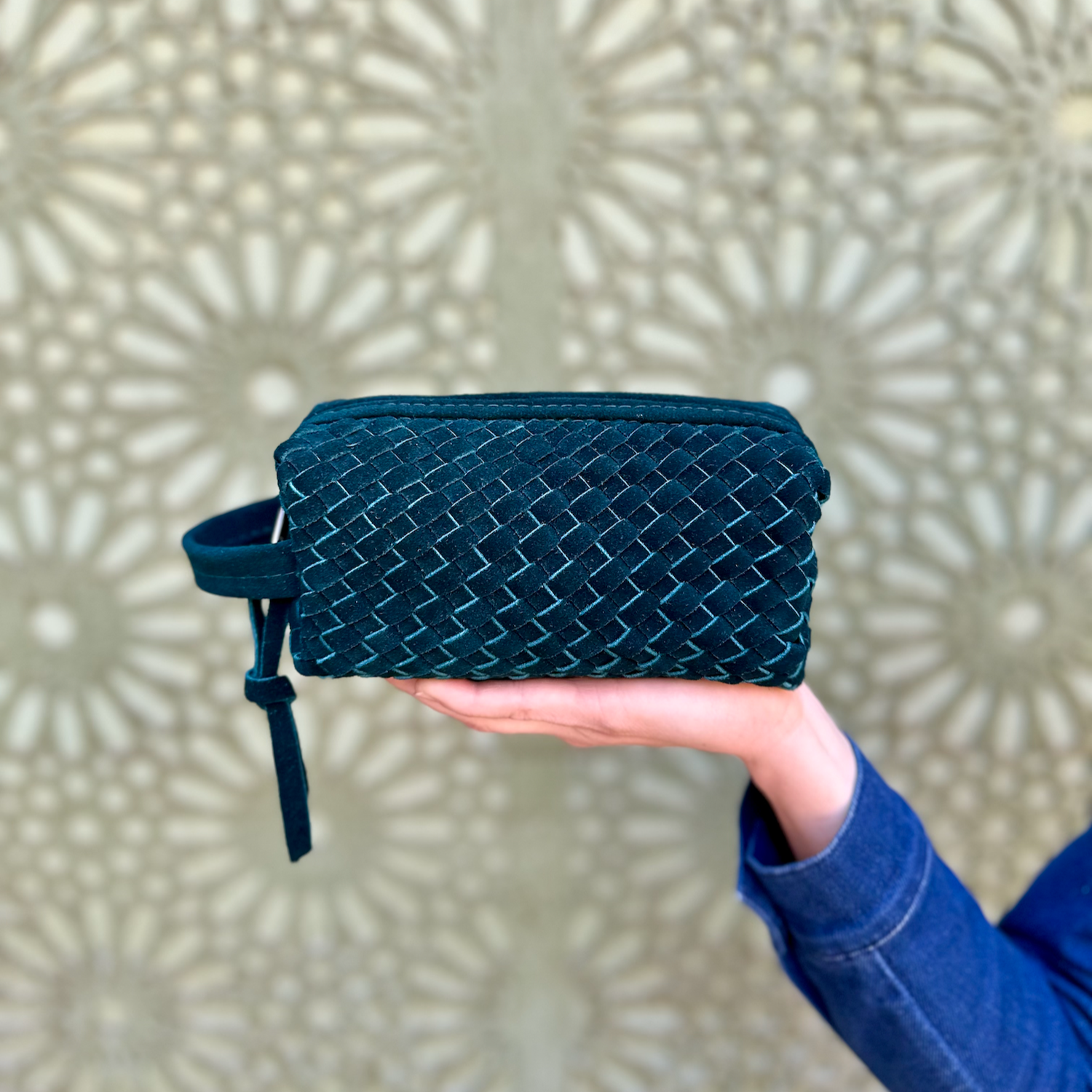 Teal Suede Woven Leather Makeup Bag