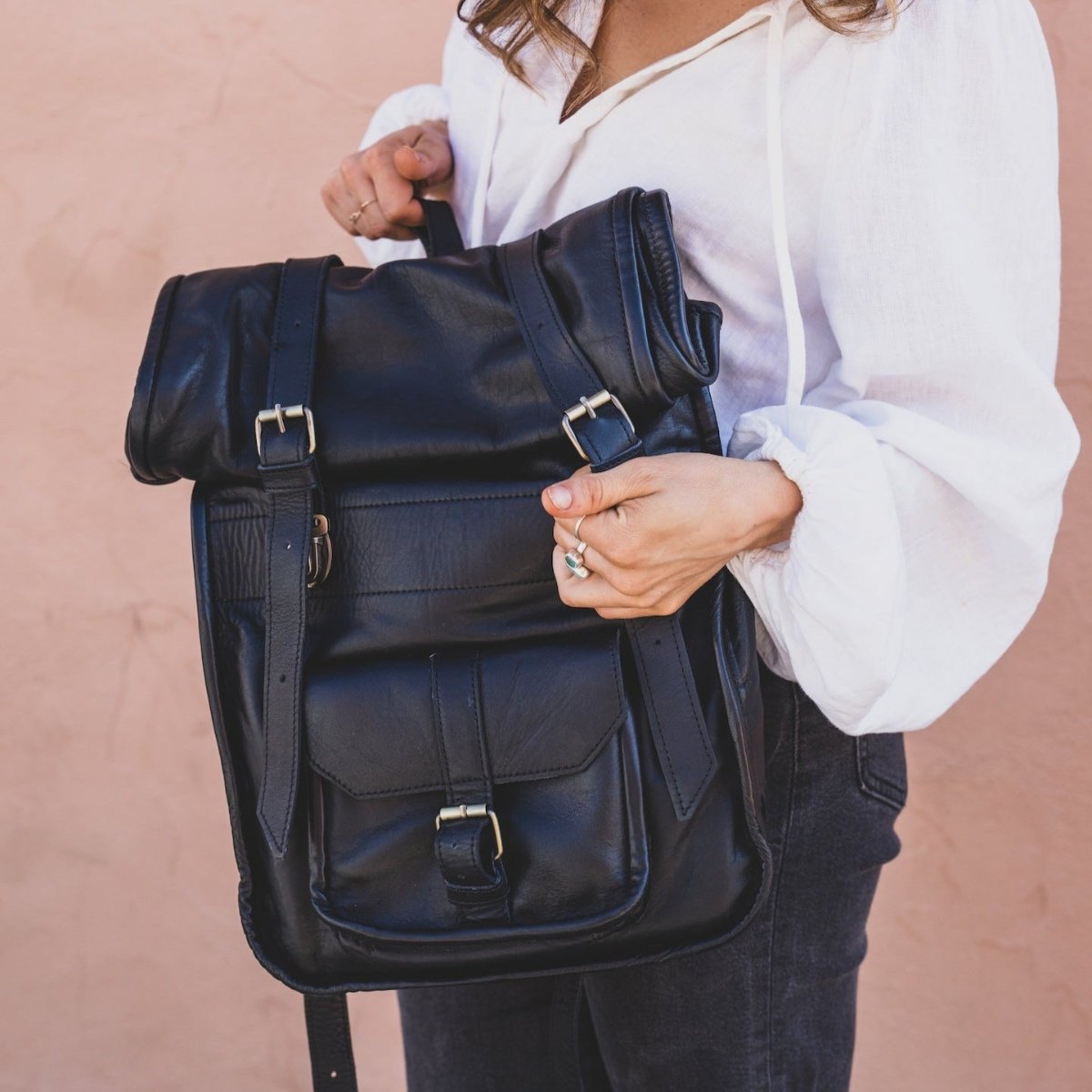 Black Leather Rolltop Backpack by AMASOUK