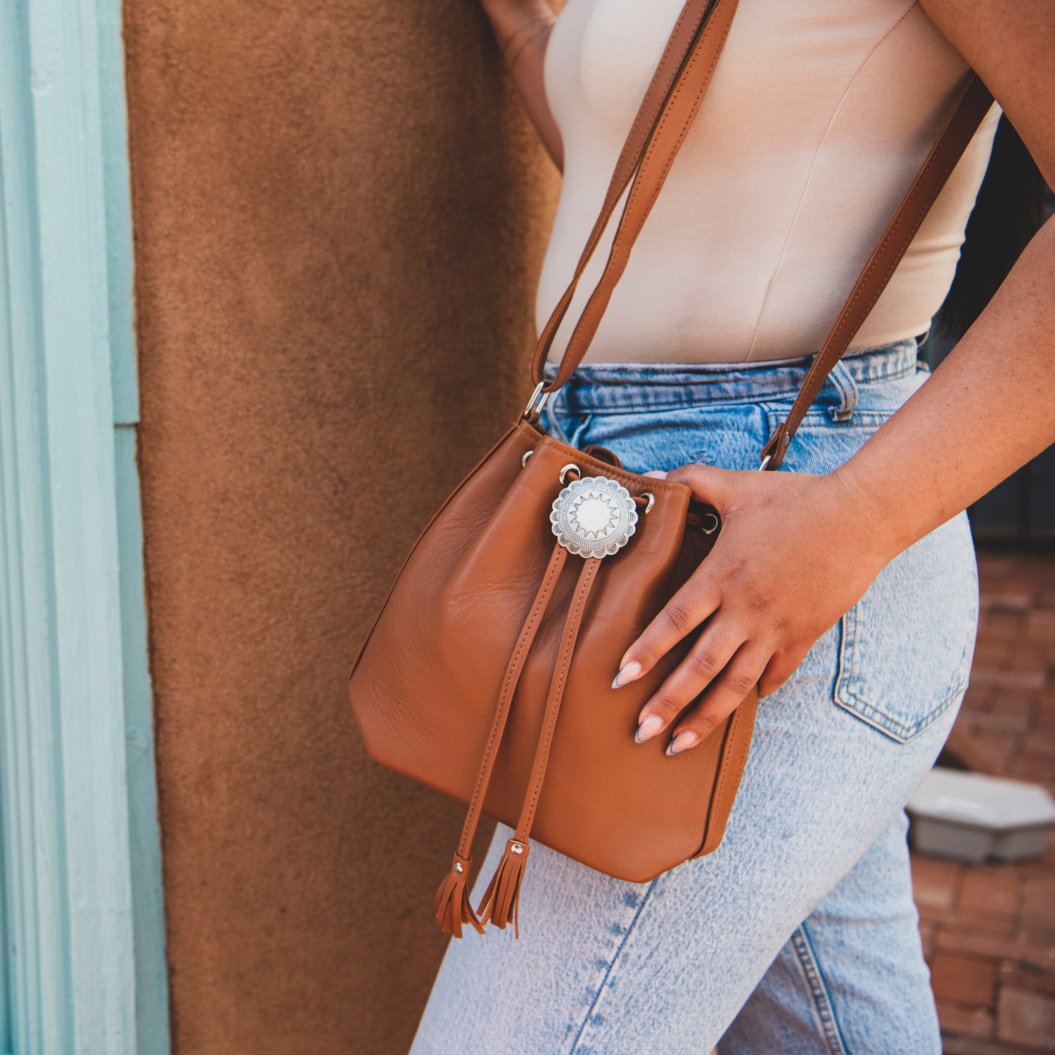 Leather Bucket Bag with Concho