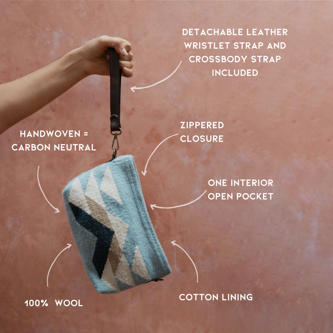 AMASOUK handwoven wool Reflejos convertible clutch/wristlet/crossbody bag, featuring a Zapotec pattern in stunning shades of blue. A versatile 3-in-1 accessory for any occasion.