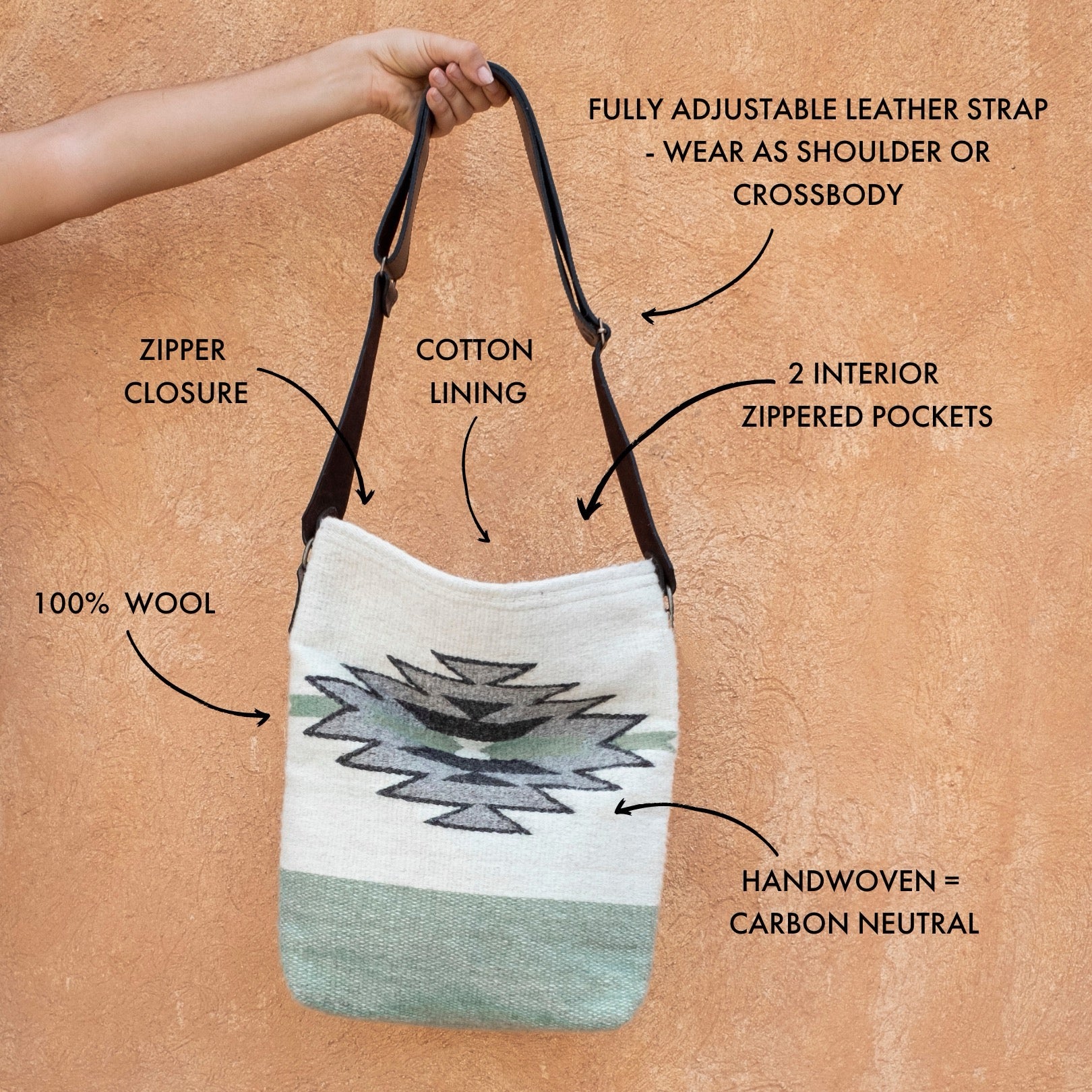Elegant AMASOUK handwoven wool and leather Sendero convertible shoulder/crossbody bag with a soft sage, cream, and light gray design. The ideal blend of style and function.