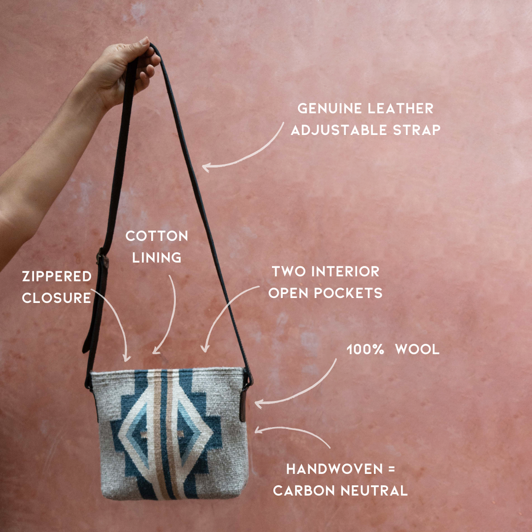 AMASOUK handwoven wool Sueños Crossbody bag with dark brown leather strap, showcasing intricate Zapotec patterns in blue, heather gray, and ivory. Stylish and versatile.