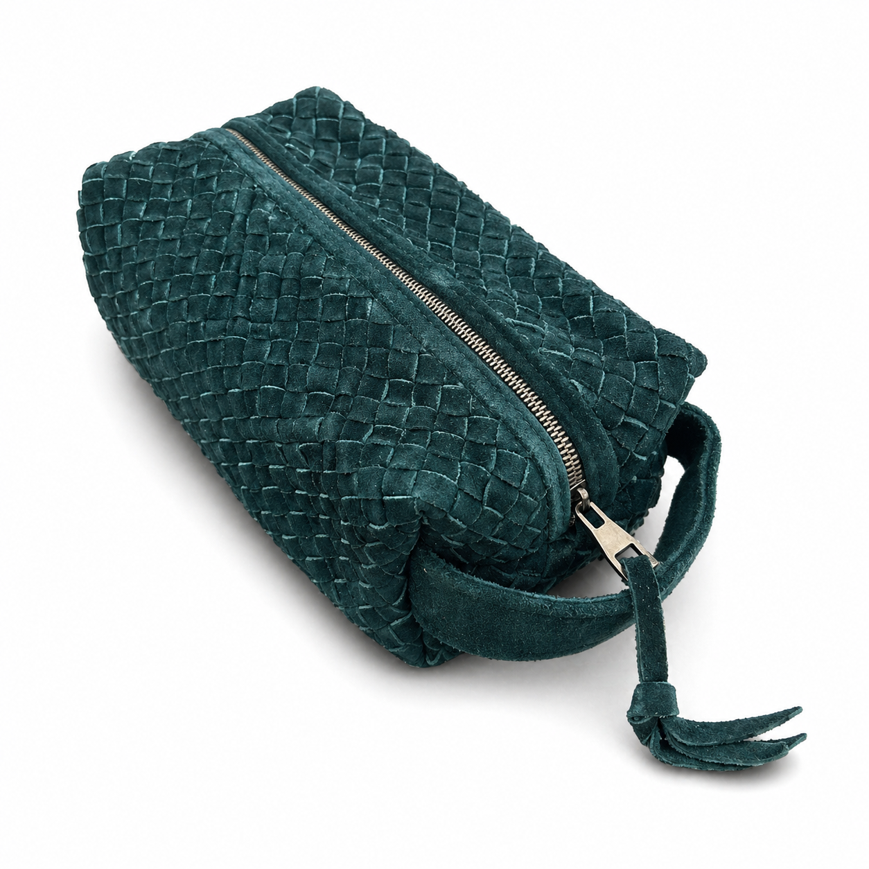 Teal Suede Woven Leather Makeup Bag