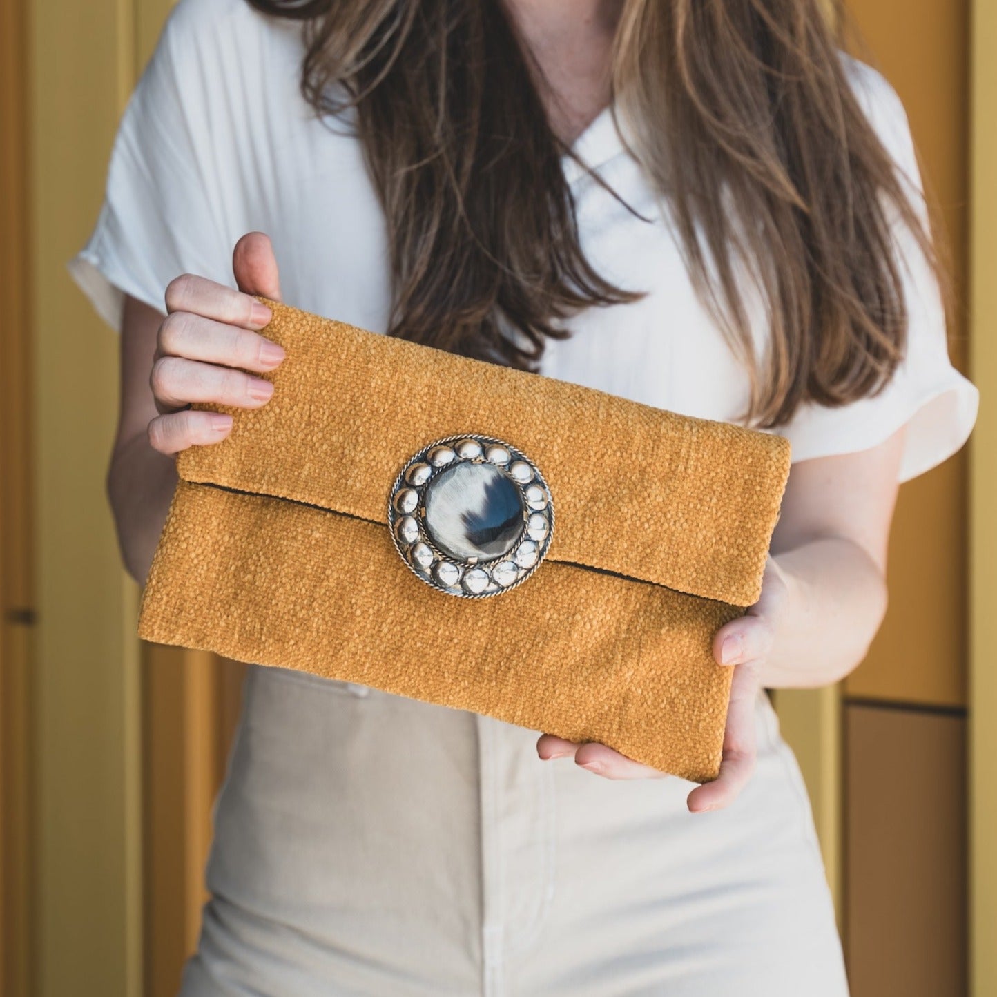 Mustard Clutch with Detachable Chain by AMASOUK