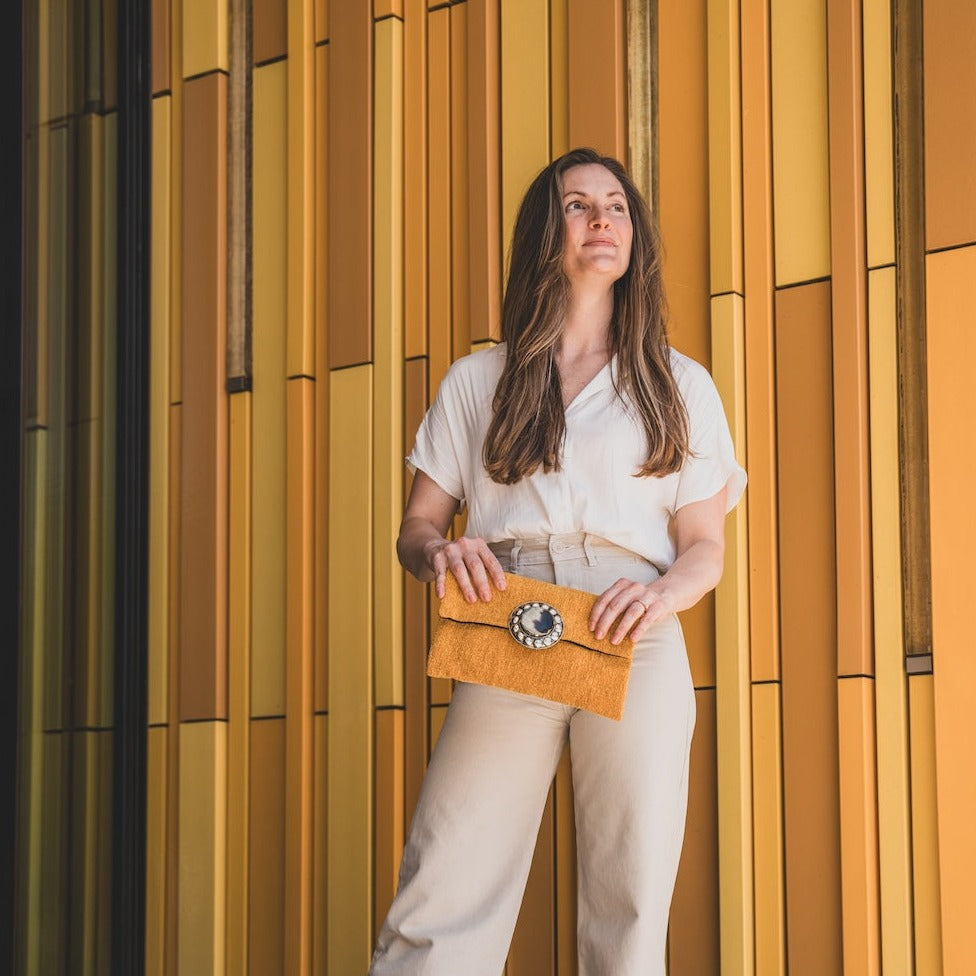 Mustard Clutch with Detachable Chain by AMASOUK
