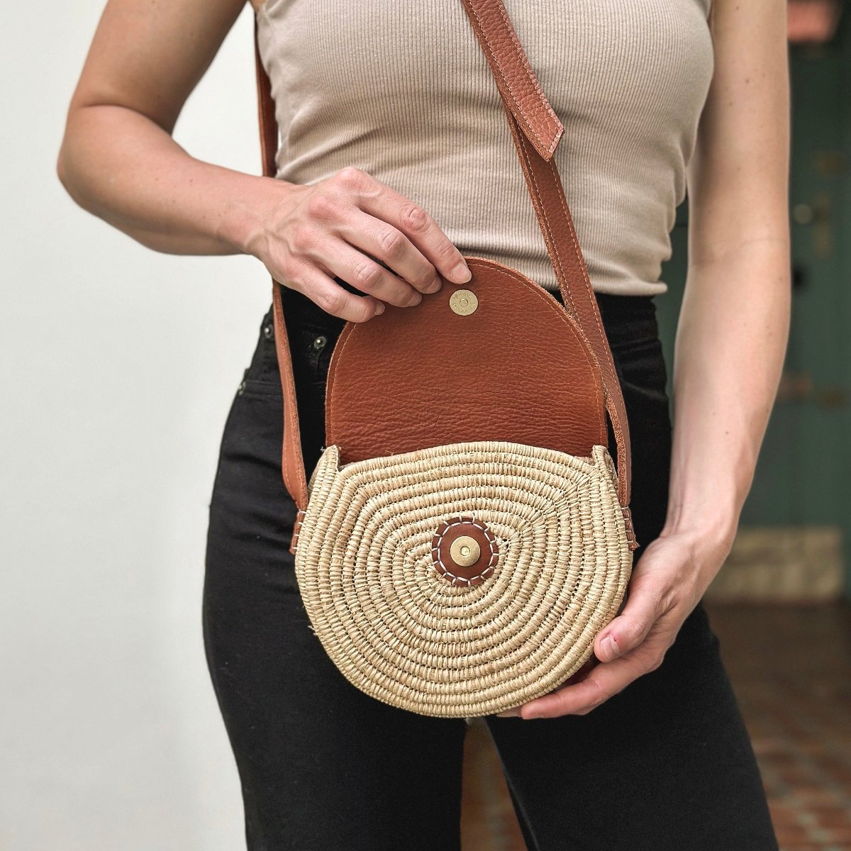 Leather and Raffia Crossbody Bag