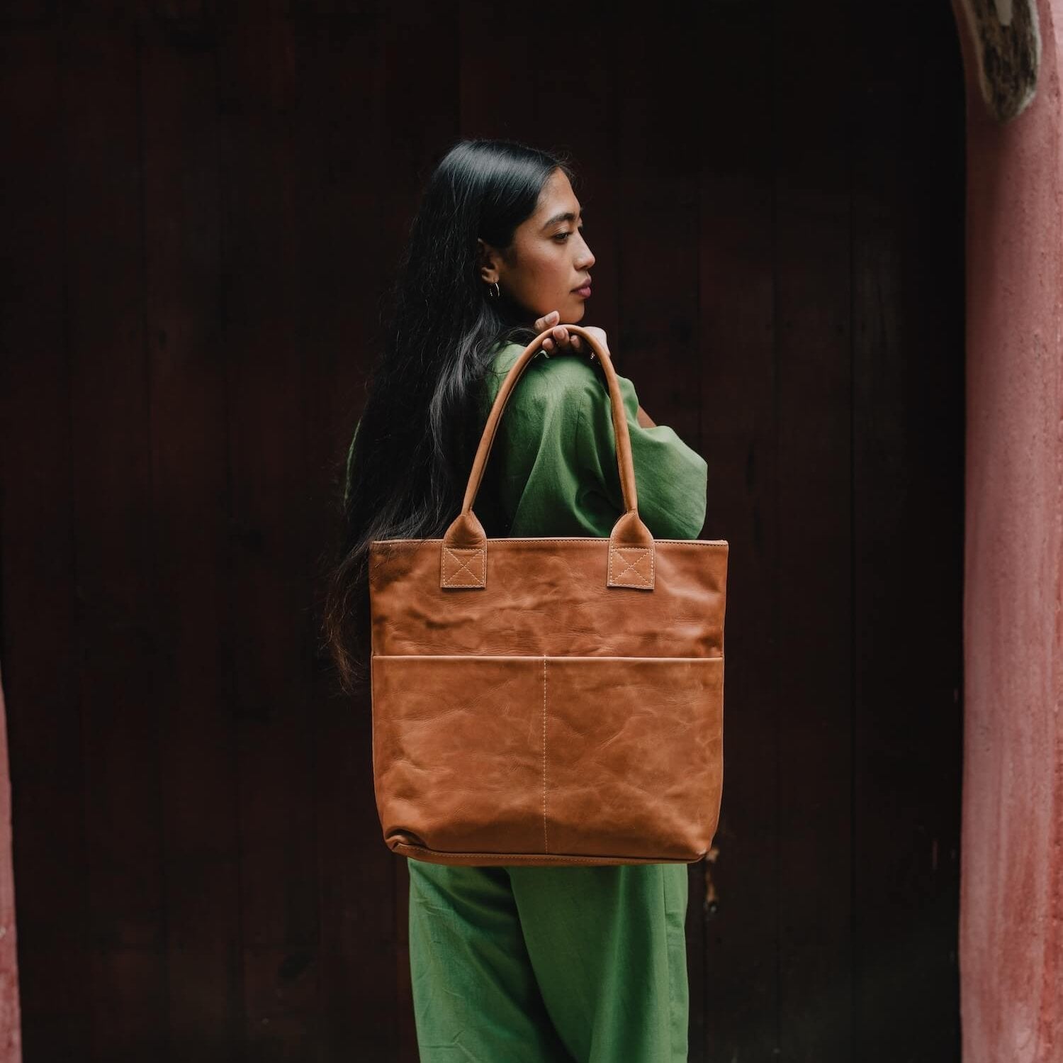 Structured Brown Leather Tote Bag by AMASOUK