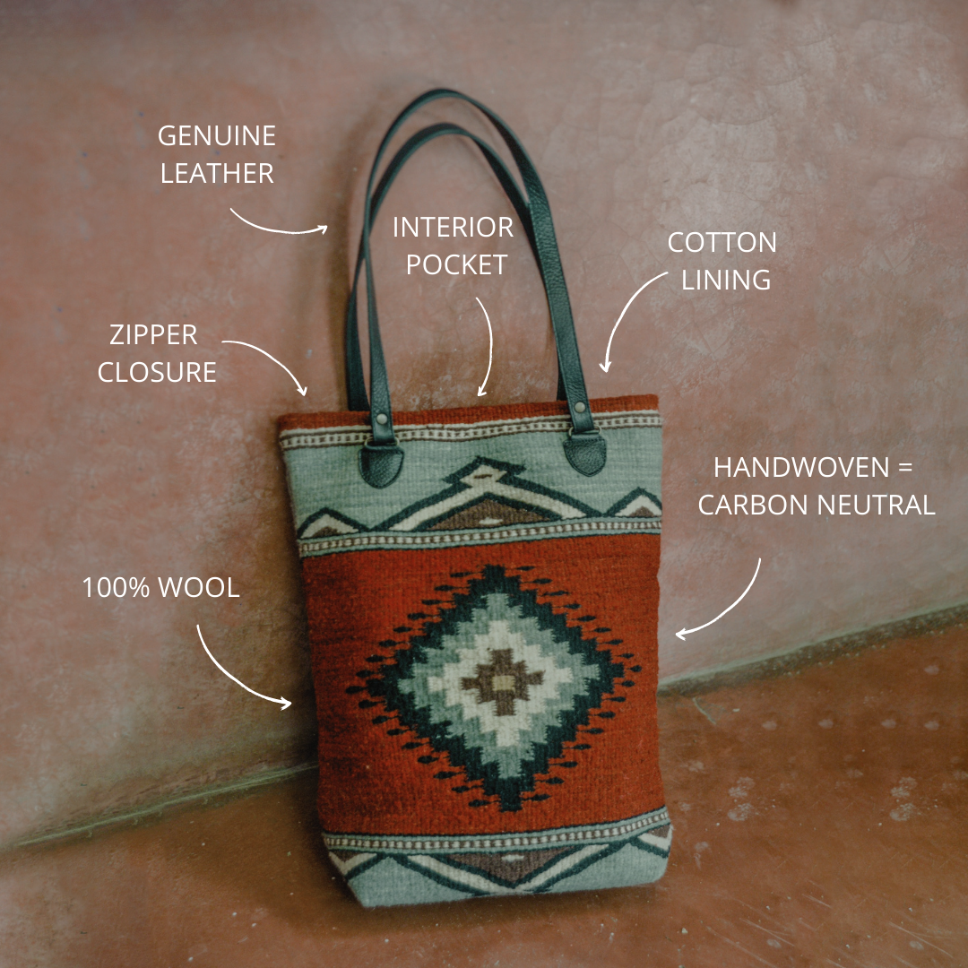 Elegant AMASOUK handwoven wool tote bag with Adobe + Azul name, featuring a Zapotec pattern in adobe red and mint green. The ideal blend of style and function.