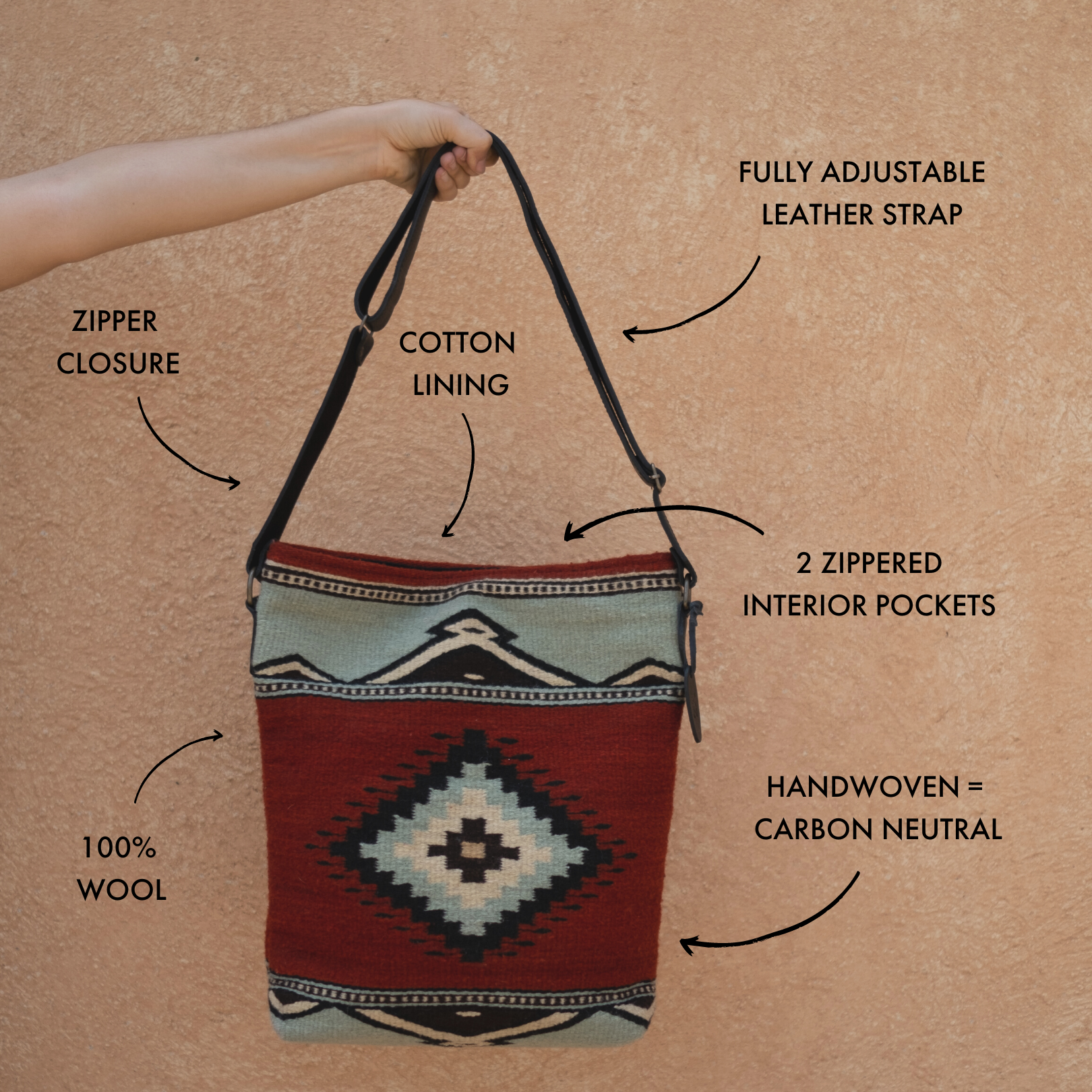 AMASOUK handwoven wool convertible shoulder/crossbody bag with Adobe + Azul design, showcasing a Zapotec pattern in adobe red and mint green. Perfect for errands, travel, or a night out.