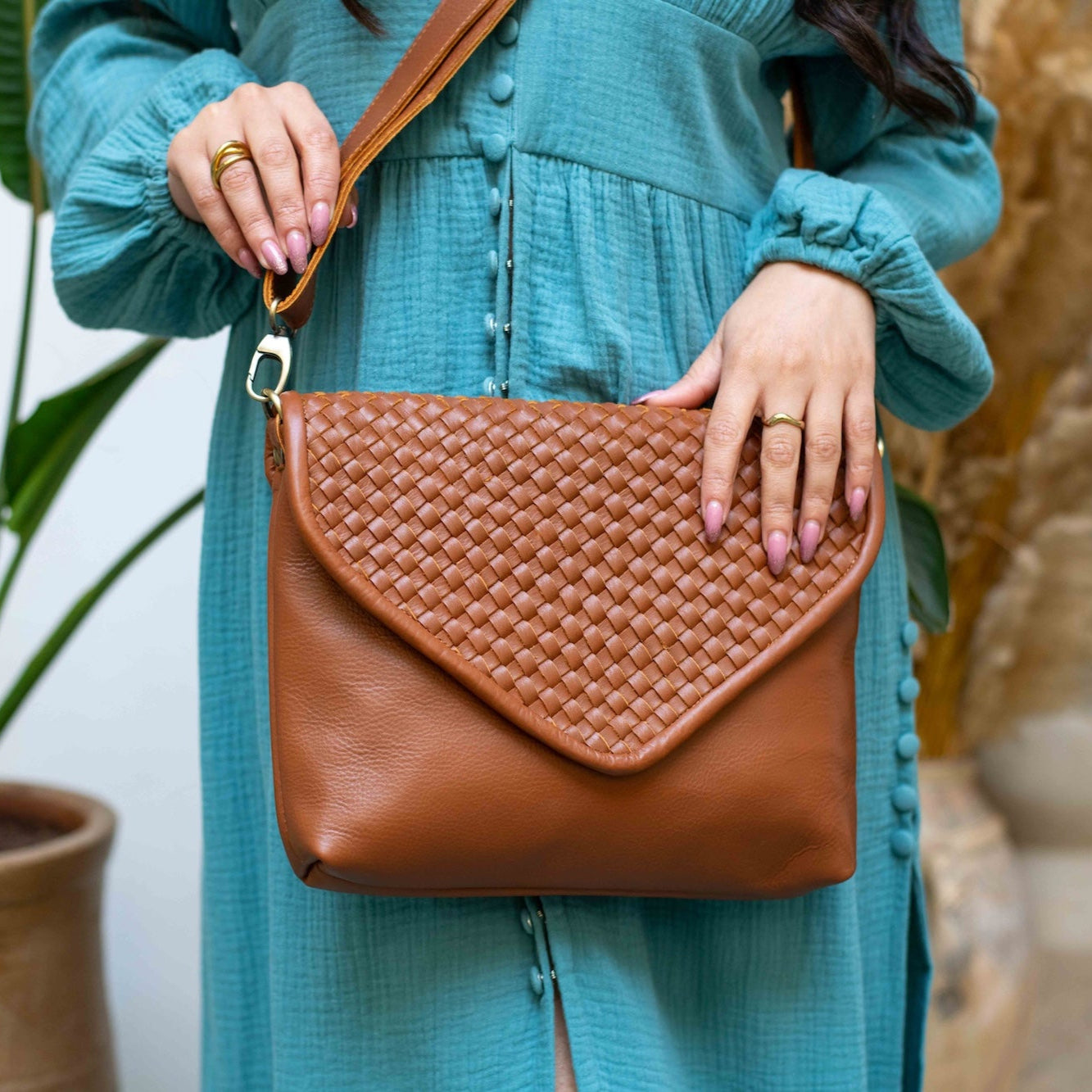 Brown Woven Leather Crossbody Bag for Women