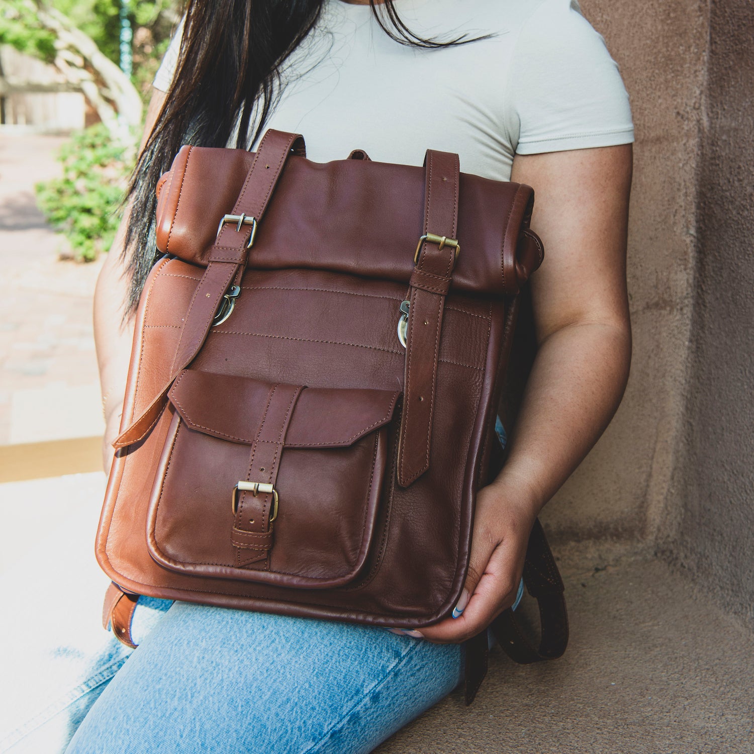Leather Rolltop Backpack Brown