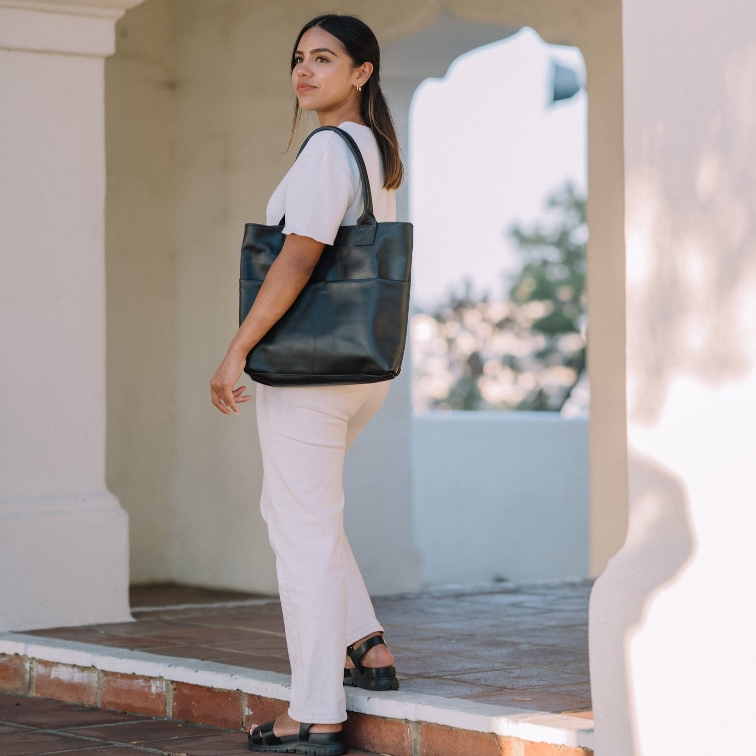 Structured Black Leather Tote Bag by AMASOUK