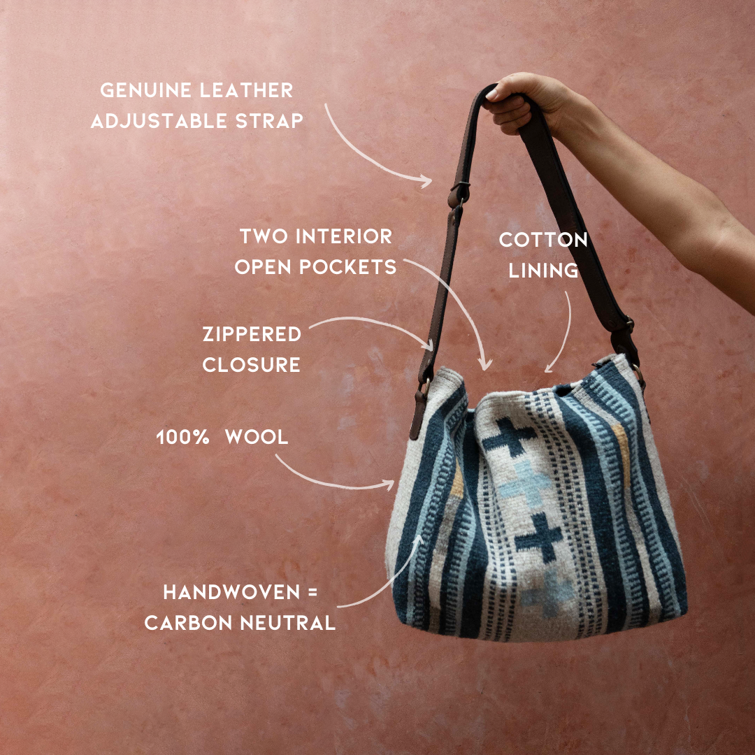 Elegant AMASOUK Copalita handwoven wool and leather convertible shoulder/crossbody bag in blue, cream, honey, and gray. The perfect blend of functionality and fashion.