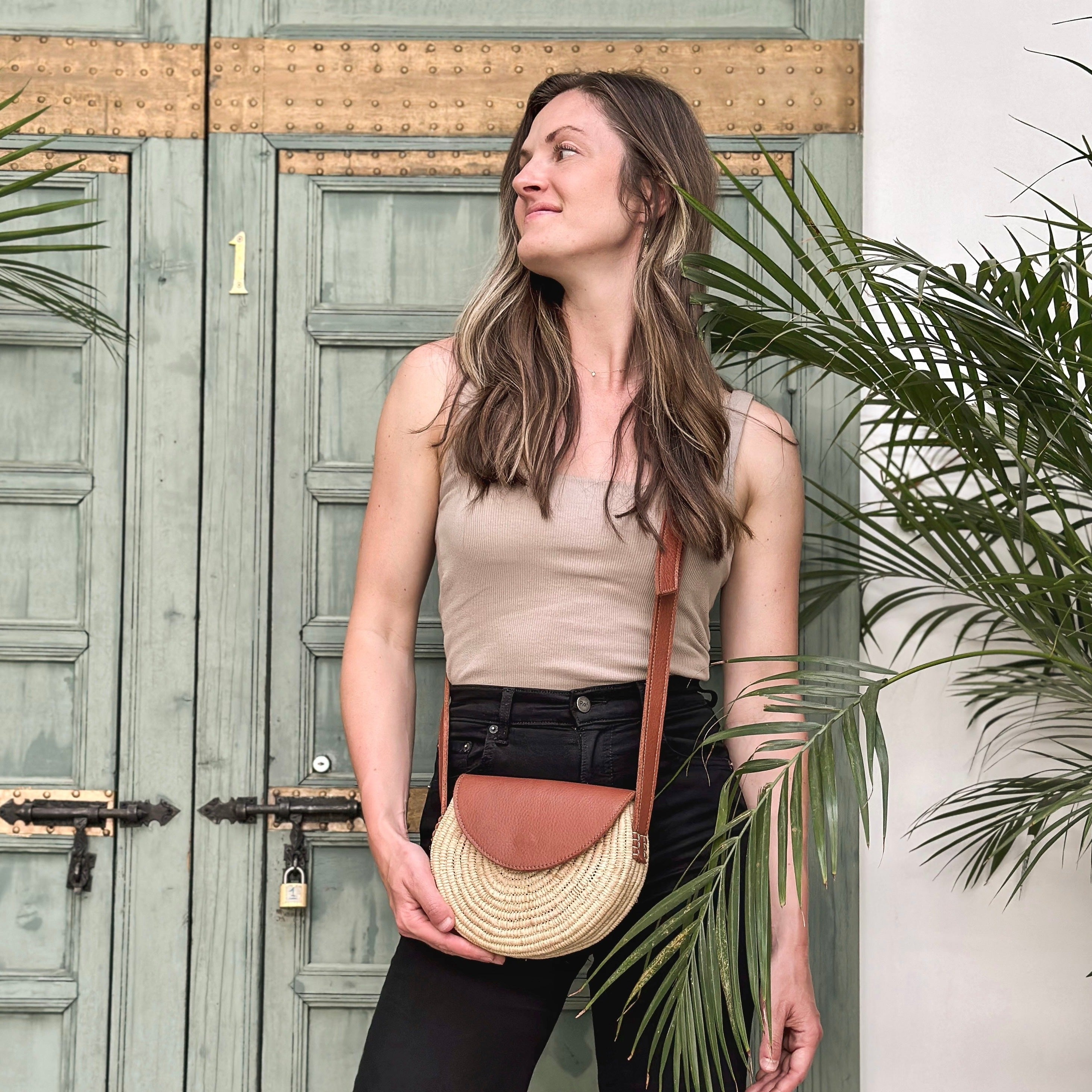 Leather and Raffia Crossbody Bag