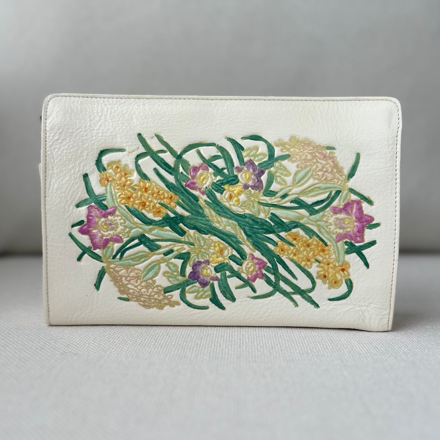 White Leather Floral Clutch