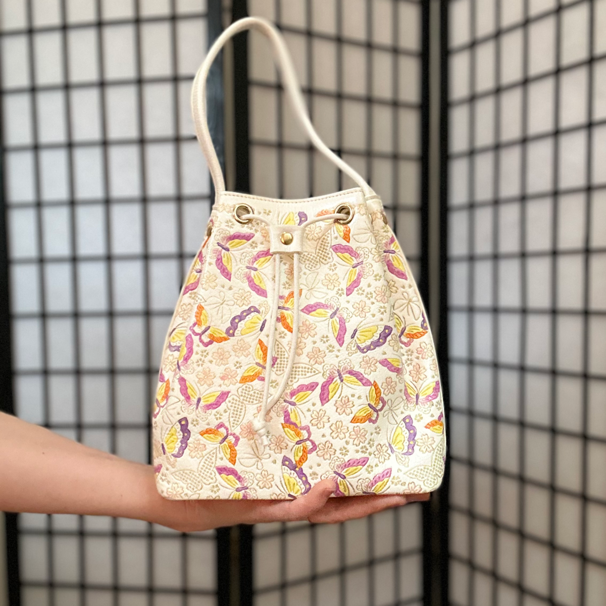 Butterfly Design White Leather Bucket Bag