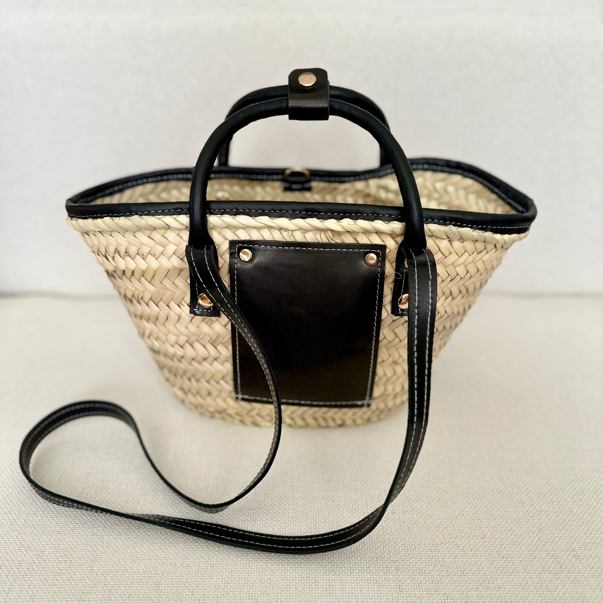 Mini Raffia Tote with Black Leather by AMASOUK