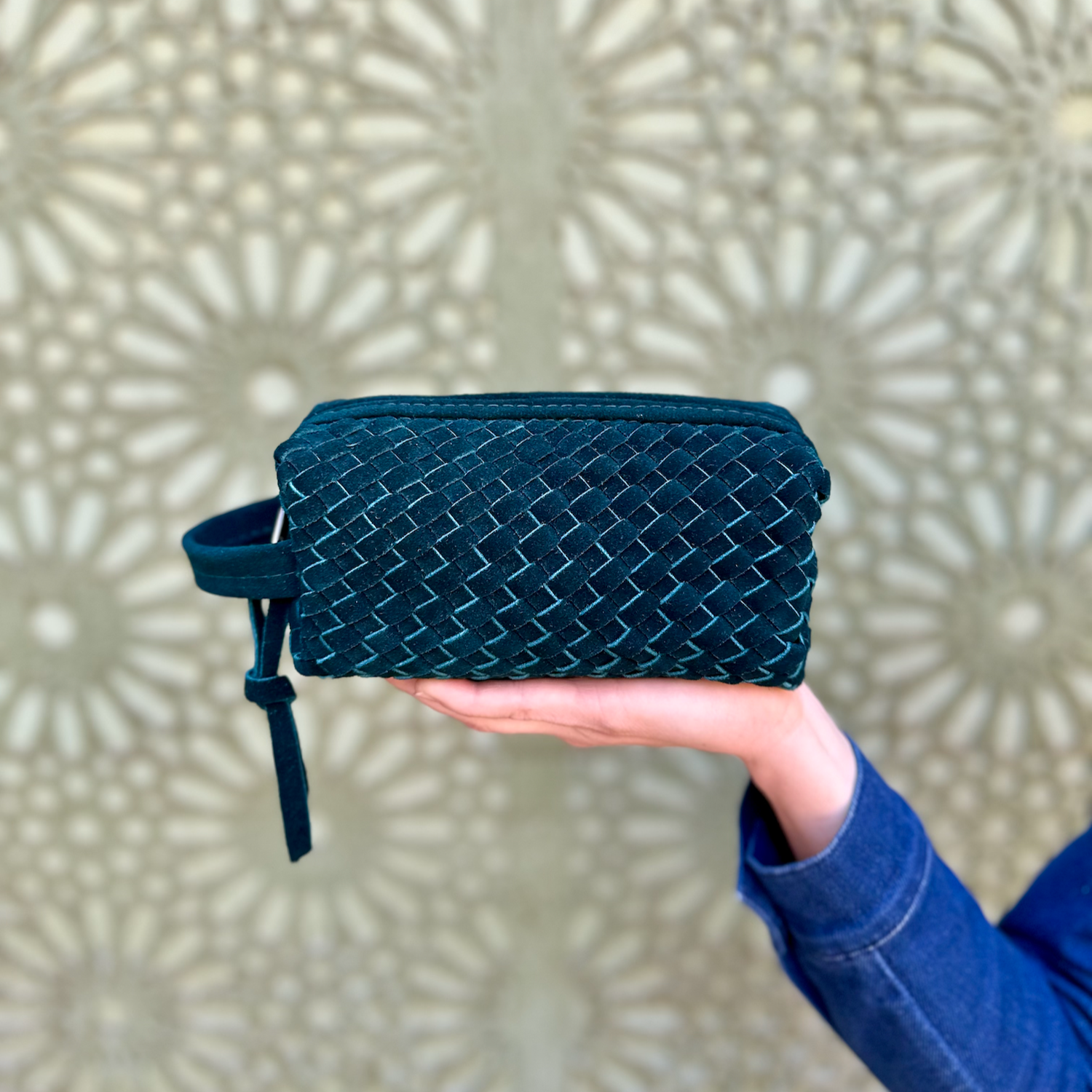 Teal Suede Woven Leather Makeup Bag (Limited Edition)