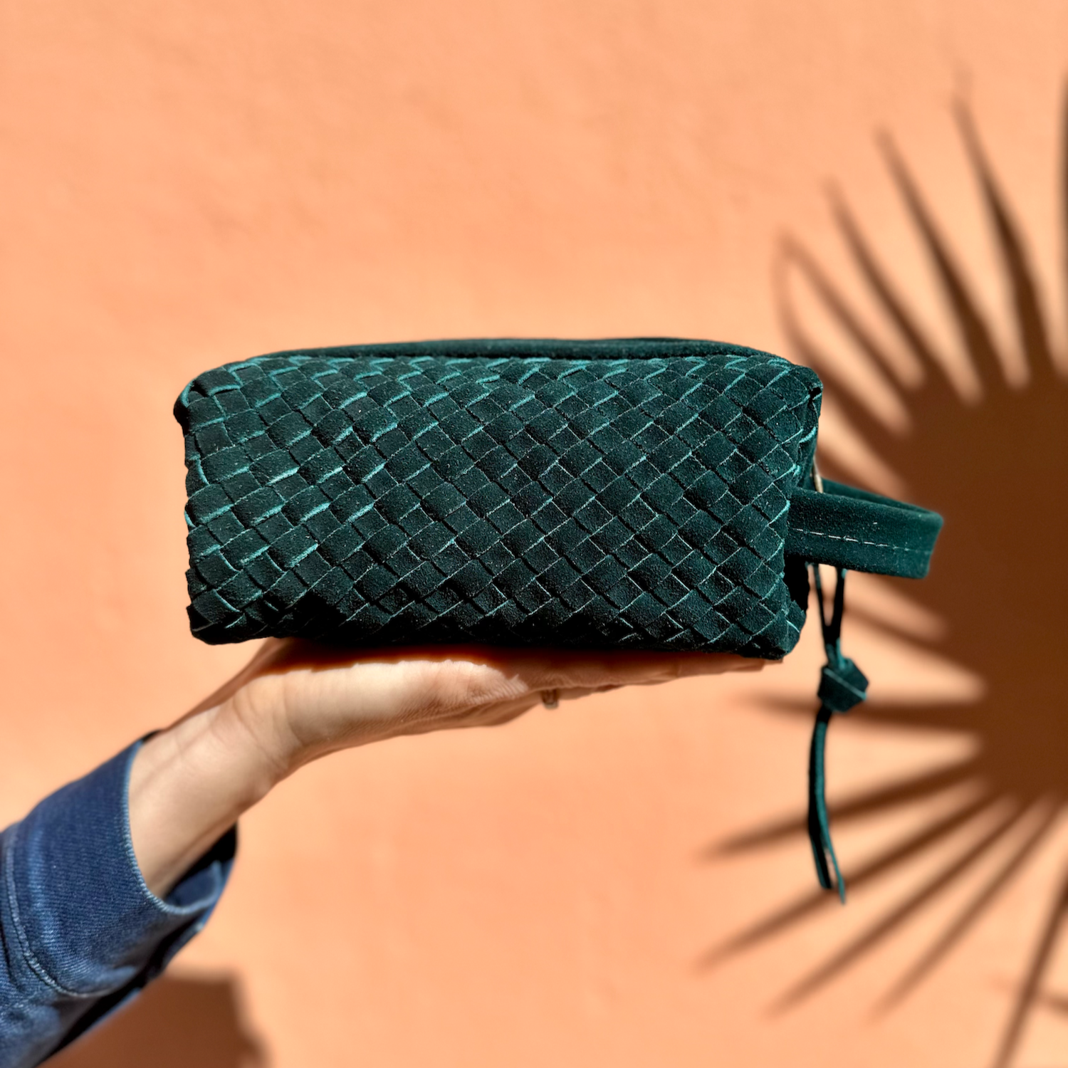 Teal Suede Woven Leather Makeup Bag (Limited Edition)