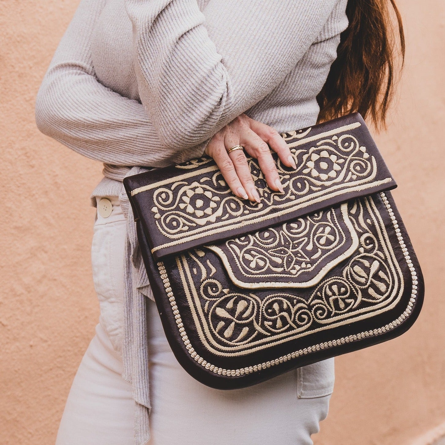 Brown Embroidered Leather Bag from Morocco