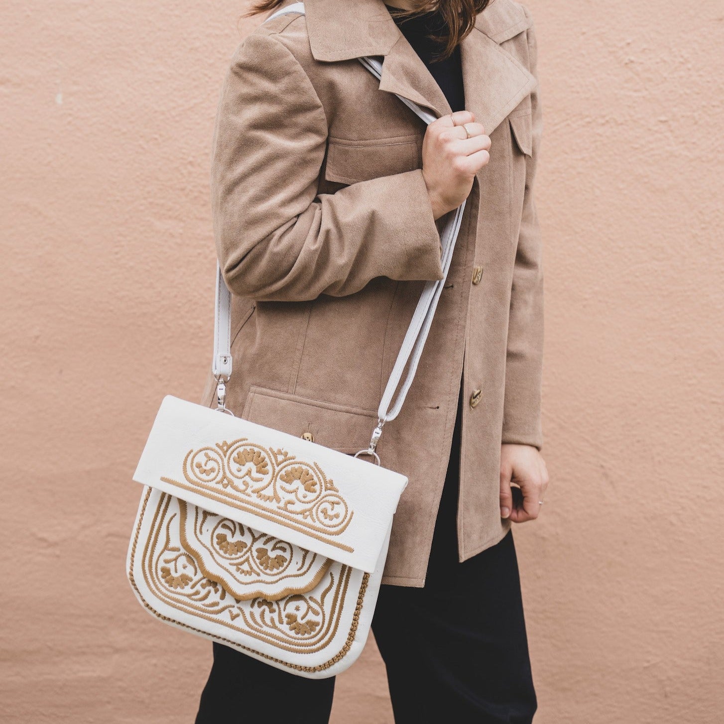 Cream and Tan Embroidered Leather Shoulder Bag