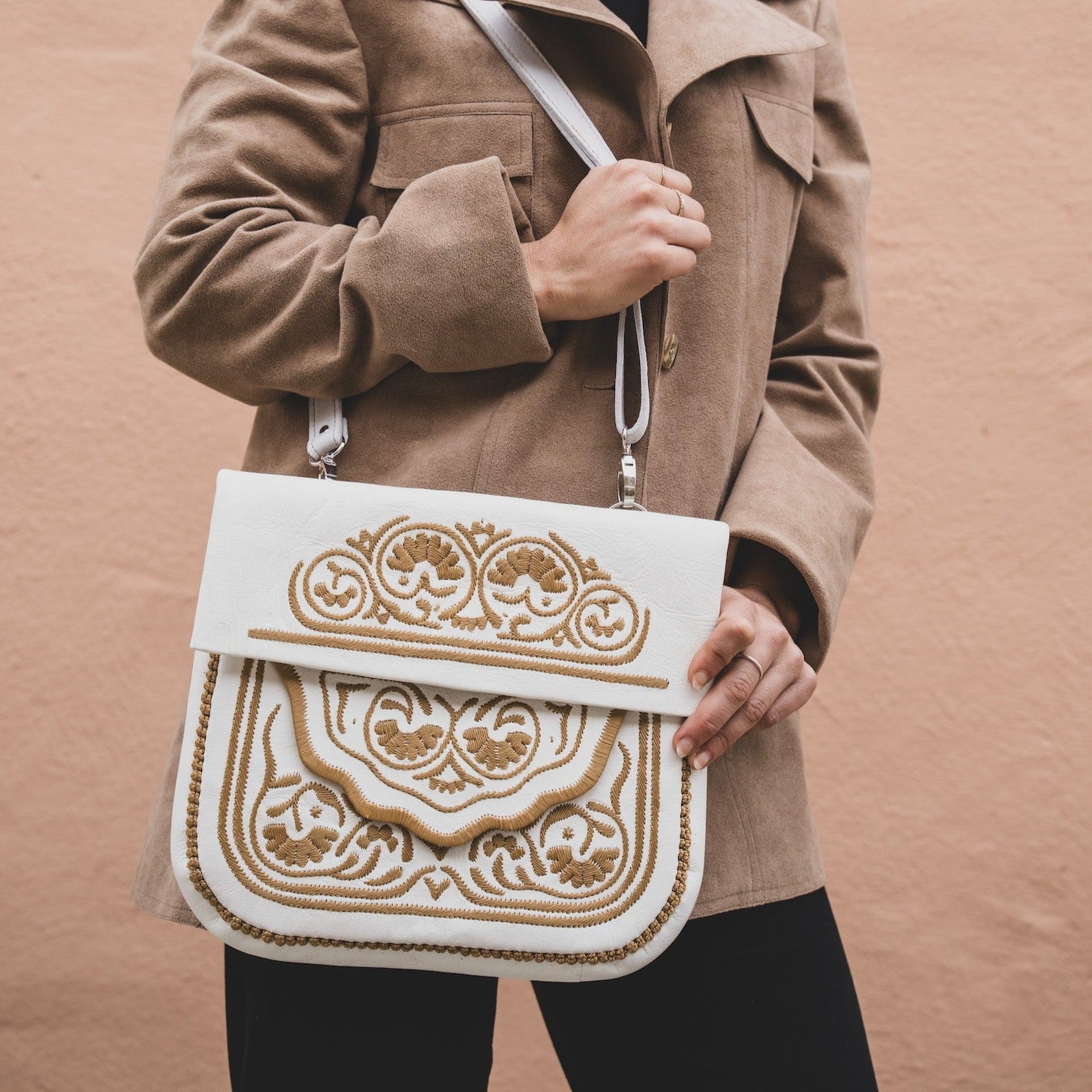 White Embroidered Leather Bag