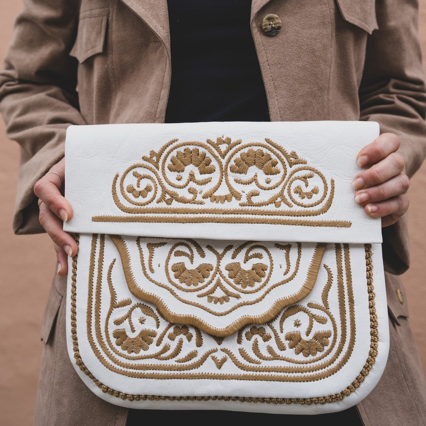 White and Tan Embroidered Leather Bag by AMASOUK