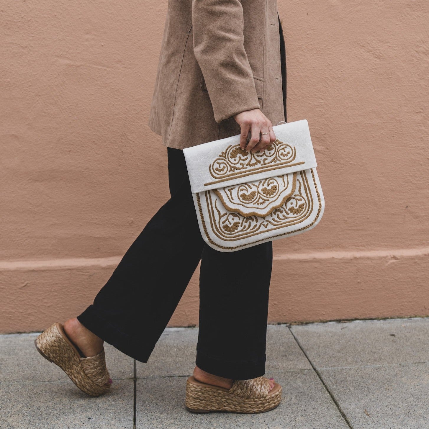 White Embroidered Leather Clutch
