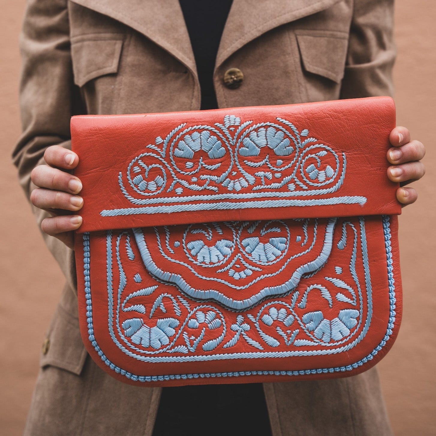 Orange and Blue Embroidered Leather Clutch