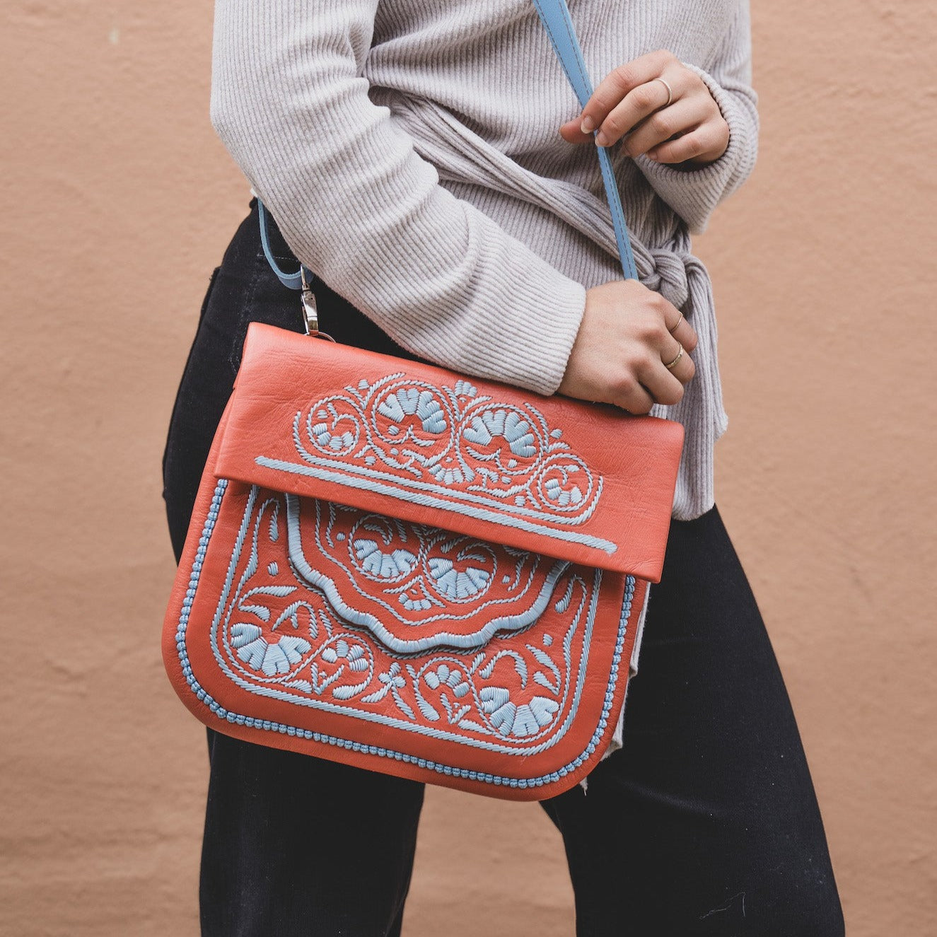 Orange and Blue Embroidered Leather Bag