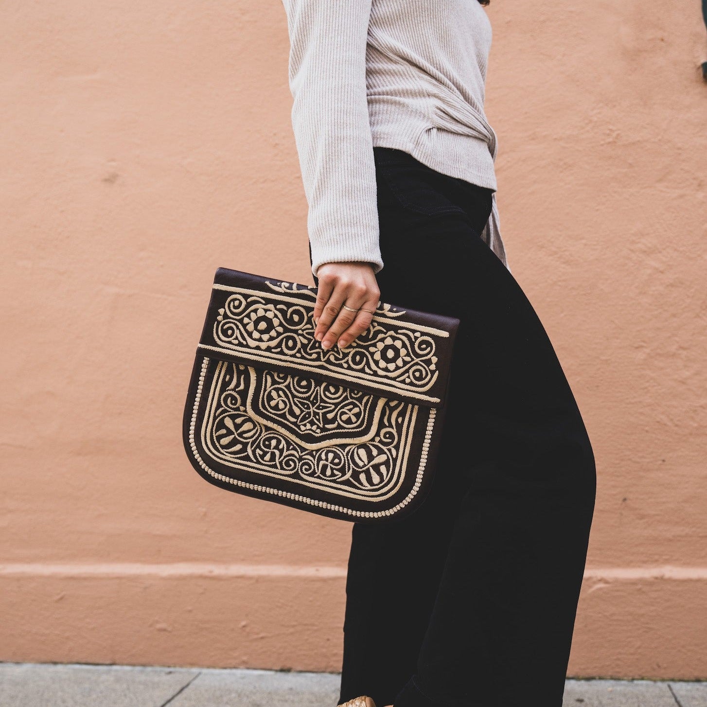 Embroidered Leather Satchel from Morocco