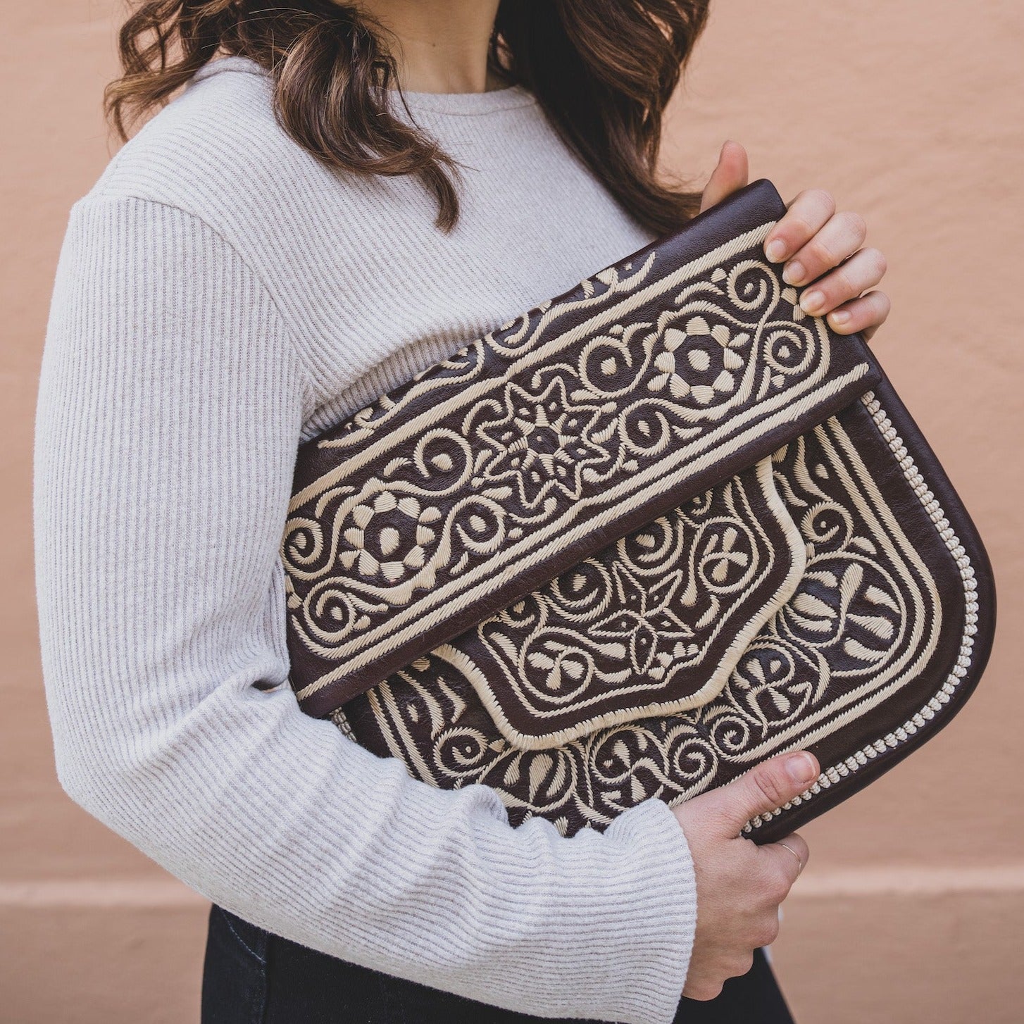Brown and Cream Embroidered Leather Clutch from Morocco