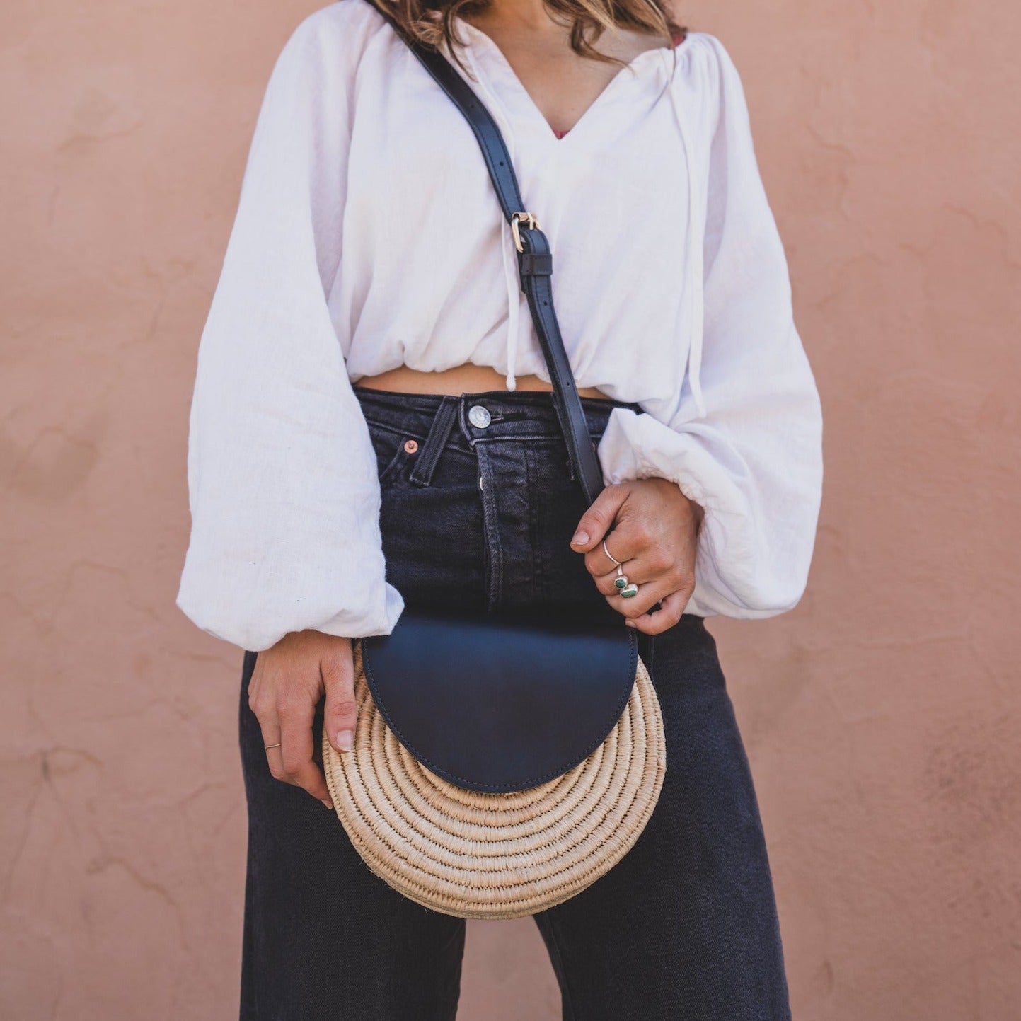 Leather and Raffia Crossbody Bag