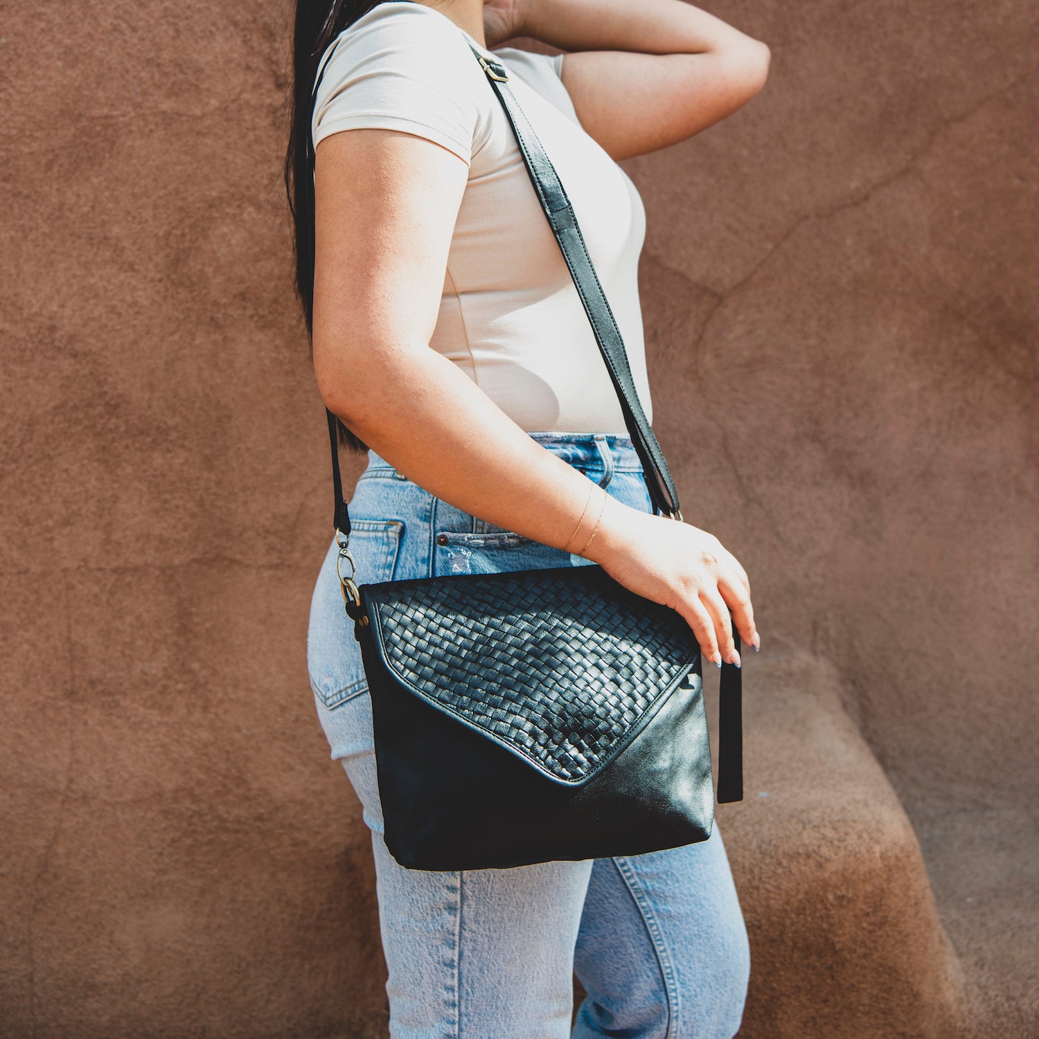 Woven Leather Convertible Crossbody Bag by AMASOUK