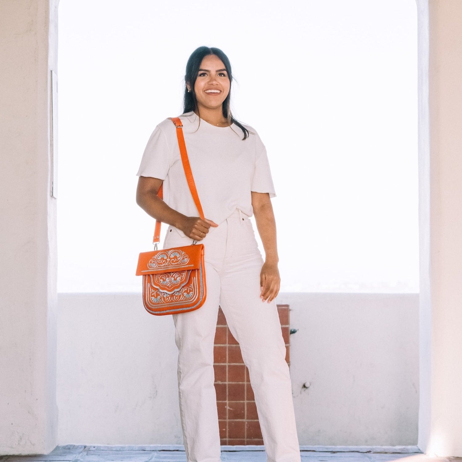 Orange Crossbody Embroidered Bag from Morocco by AMASOUK