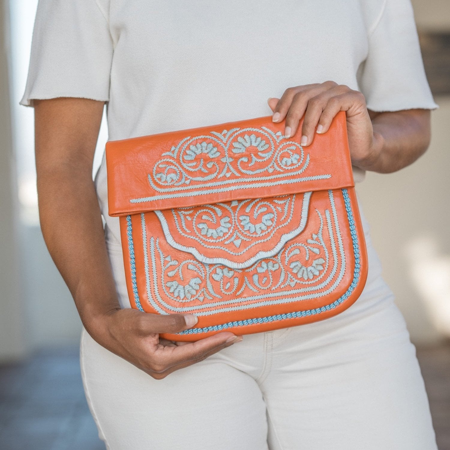 Orange Embroidered Leather Clutch from Morocco