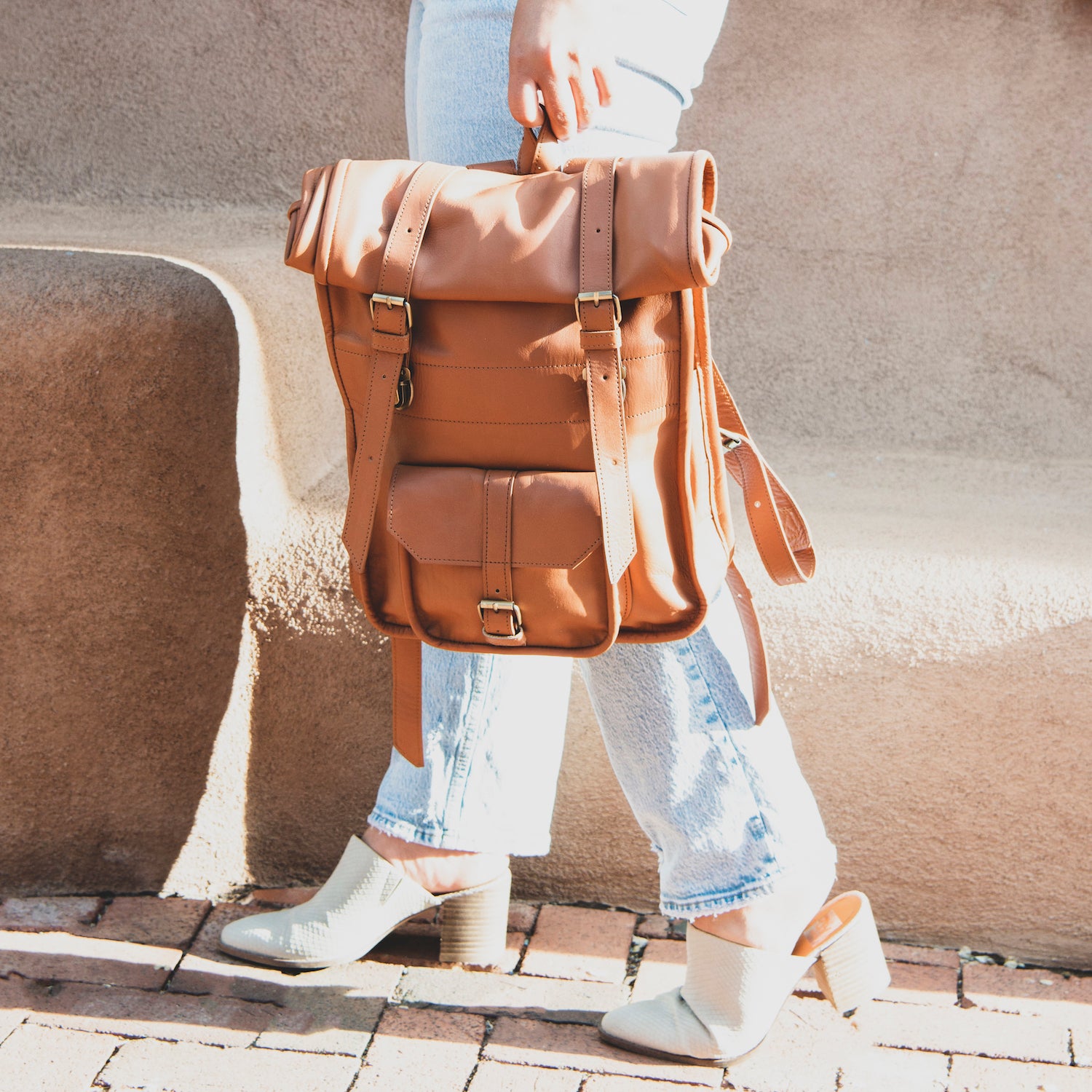 Brown Leather Rolltop Backpack