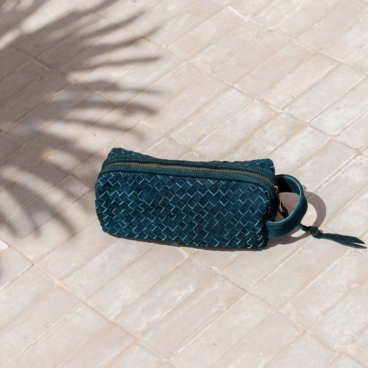 Teal Suede Woven Leather Makeup Bag